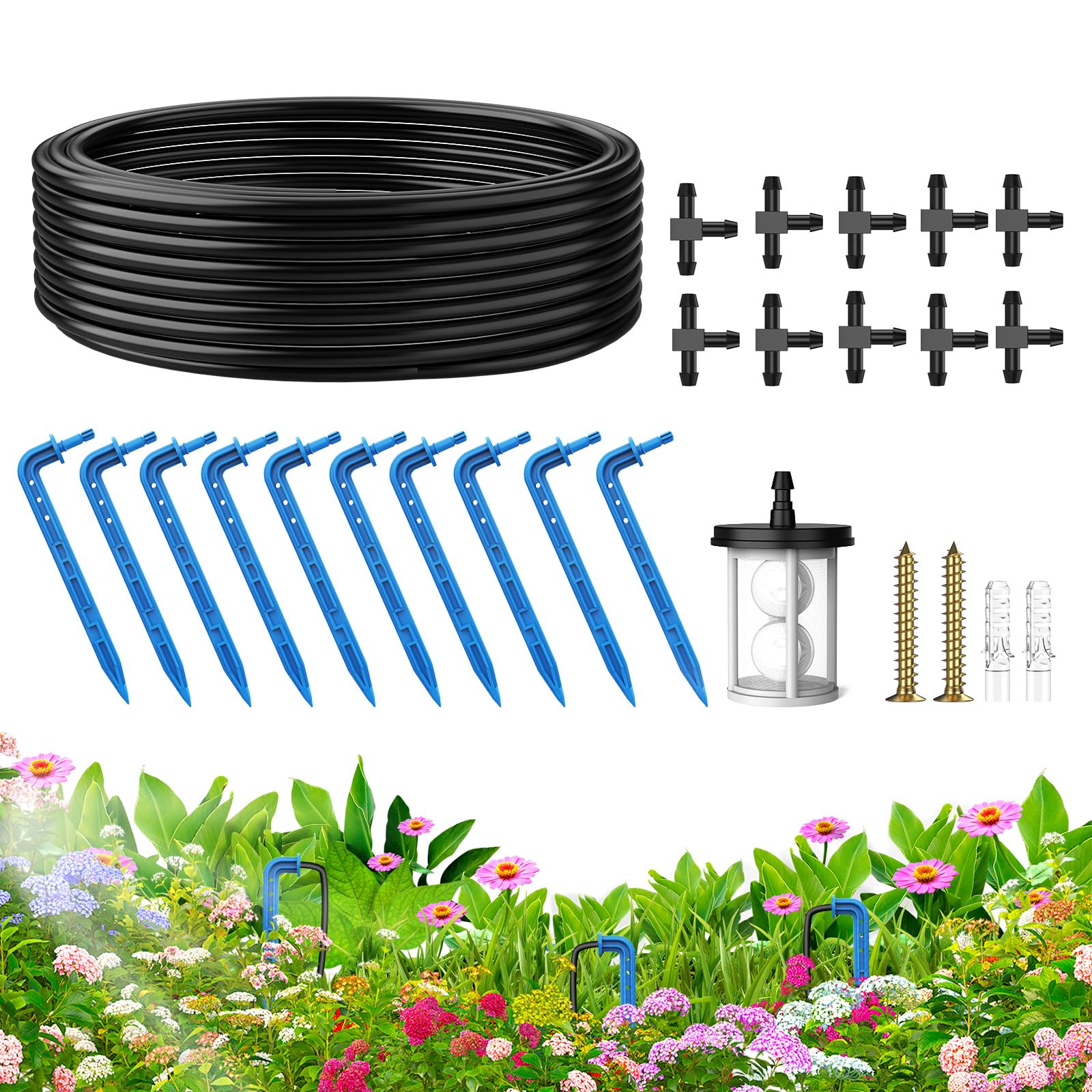 Solar Irrigation System Expansion Irrigation Kit, Drip Irrigation System Accessories with 10-Meter Water Hose,10 Drippers,10 Tees and Filter for Automatic Garden Watering