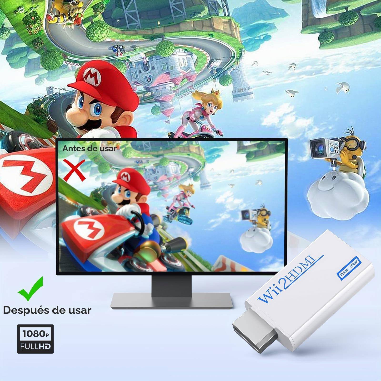 GANA Wii a HDMI Adaptador, Wii a HDMI convertidor Conector con Salida de vídeo de 1080p/720p y 3,5 mm Audio - Soporta Todos los Modos de visualización de Wii