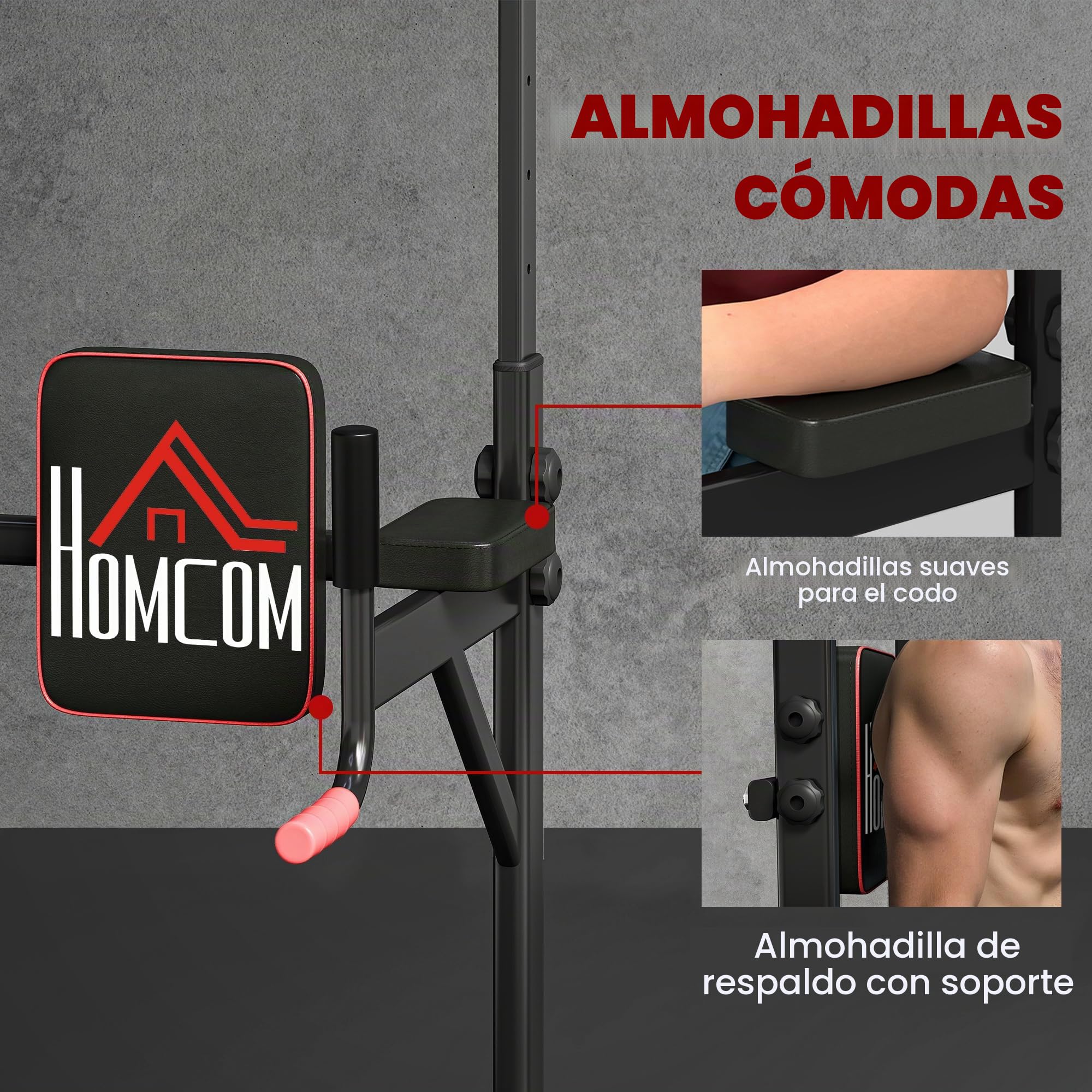 HOMCOM Barra de Dominadas Altura Regulable con 7 Orificios Torre de Ejercicios Estación Multifuncional para Entrenamiento Fitness Casa Gimnasio Oficina Carga 120 kg 123x98x189-239 cm
