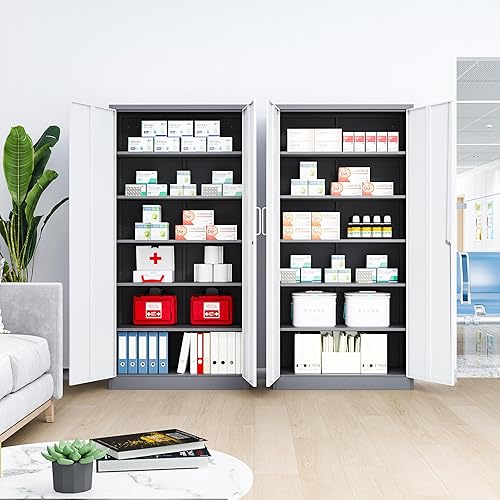 Miniatura 10 de Armario de almacenamiento de metal con cerradura, gabinete de almacenamiento de 72 pulgadas de alto con puertas y estantes ajustables, armarios de