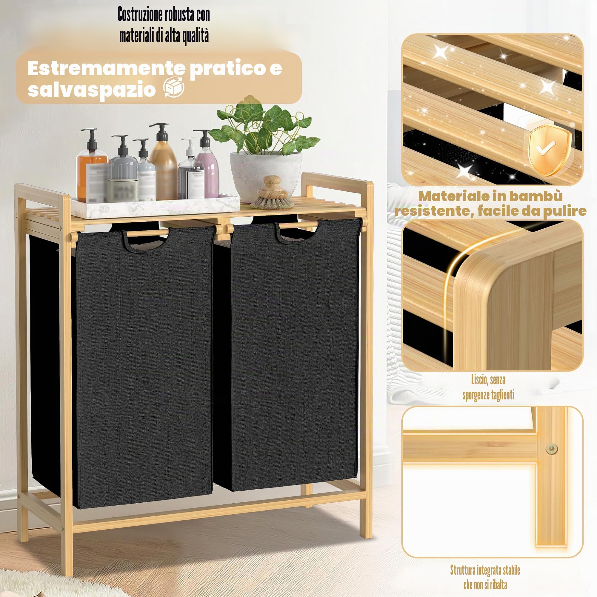 Froadp Cesto portabiancheria con telaio in bambù, sacchetto in tessuto Oxford rimovibile e lavabile, 2 scomparti separati, per la casa, nero, 73 x 64 x 33,5 cm