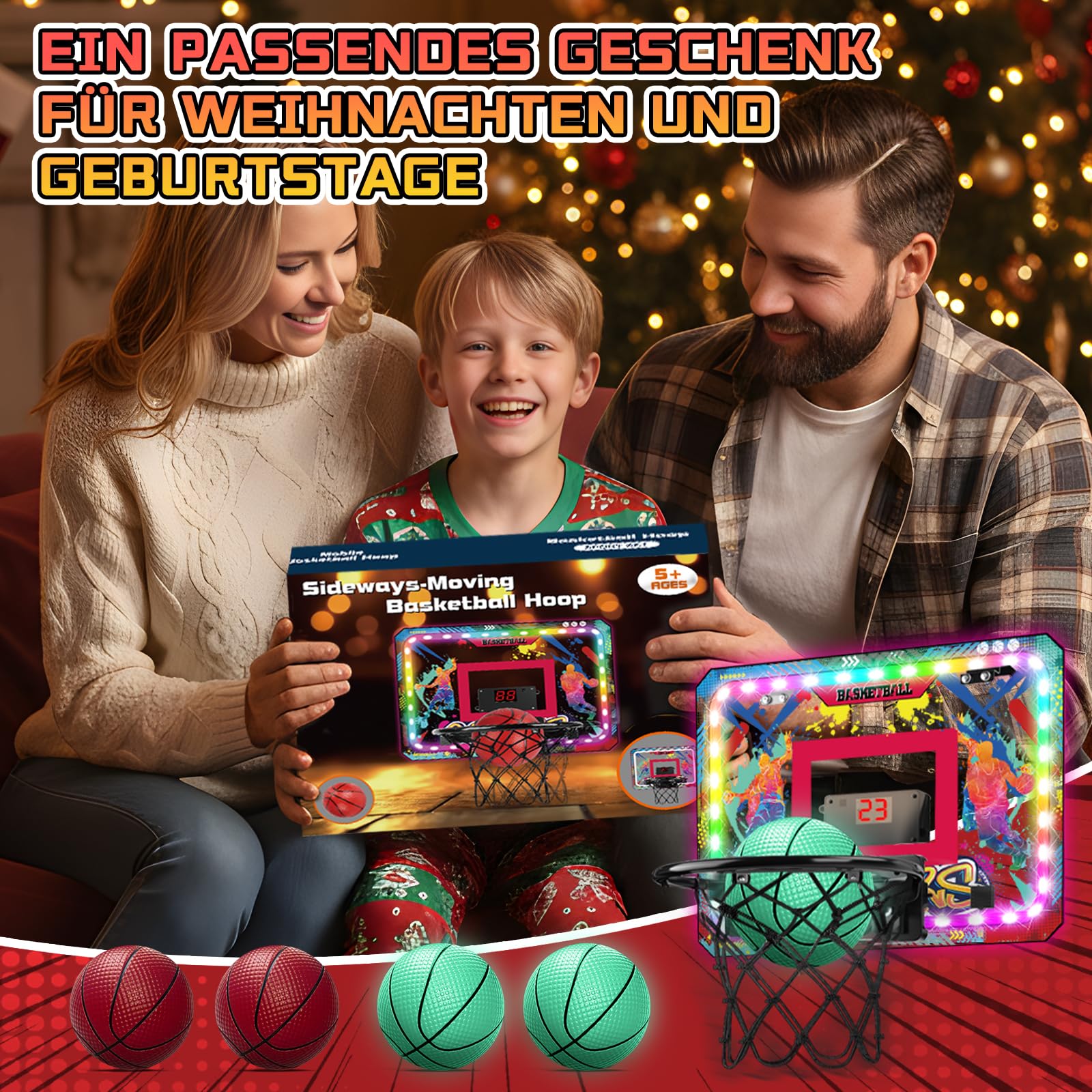 Bewegliches Basketballkorb Indoor, Mini Basketballkorb fürs Zimmer Tür mit Fernbedienungen, Leuchtend Bällen, Anzeigetafel, 10 Farben Lichter, Basketballbrett Kinder für Jungen Mädchen
