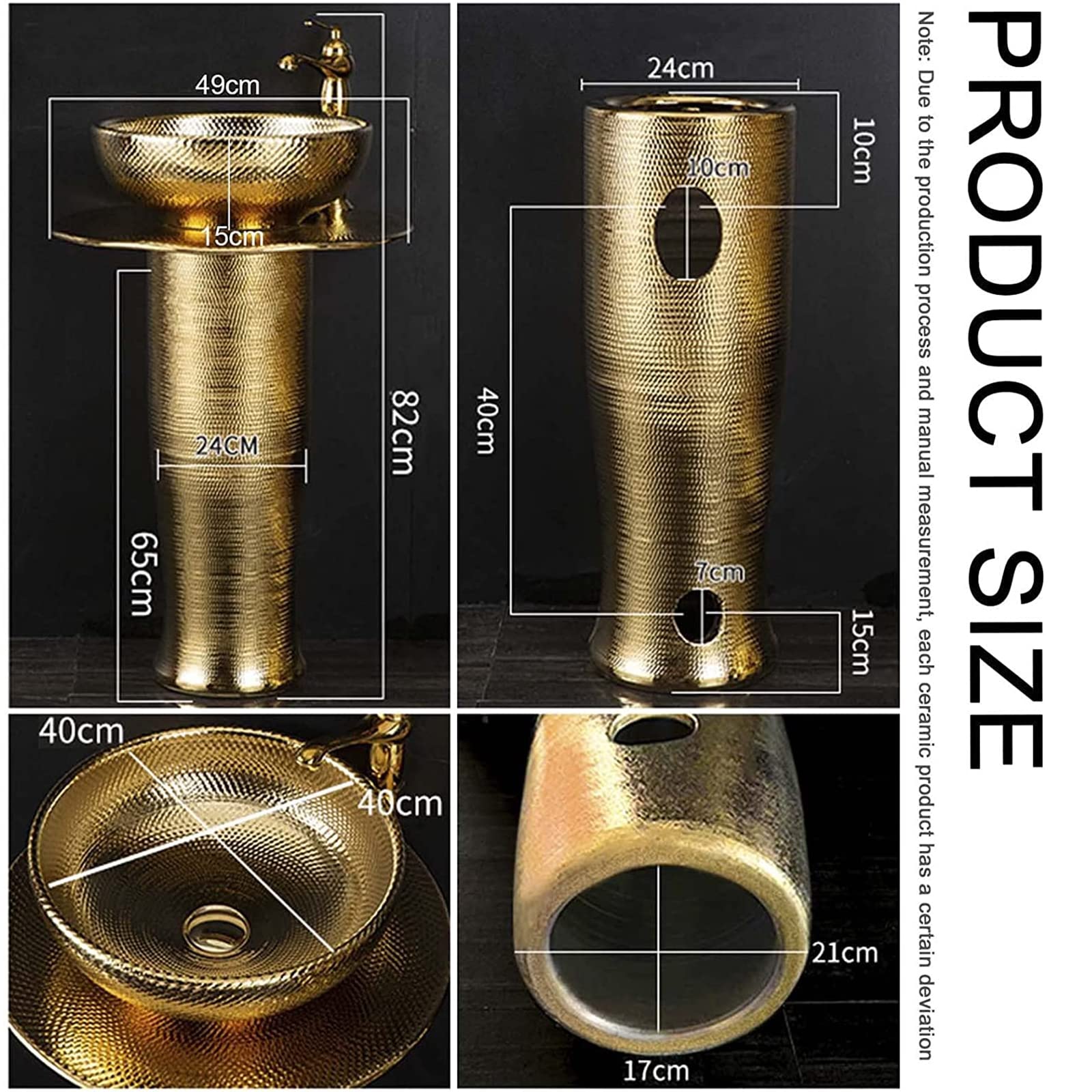 ZTGL Lavandino A Colonna Bagno Ceramiche Oro Vintage, Rotondo da Esterno Lavandino su Piedistallo, Robusto e Durevole Lavandino Lavabo Freestanding Colonna 82 * 40 Cm,Without Mirror