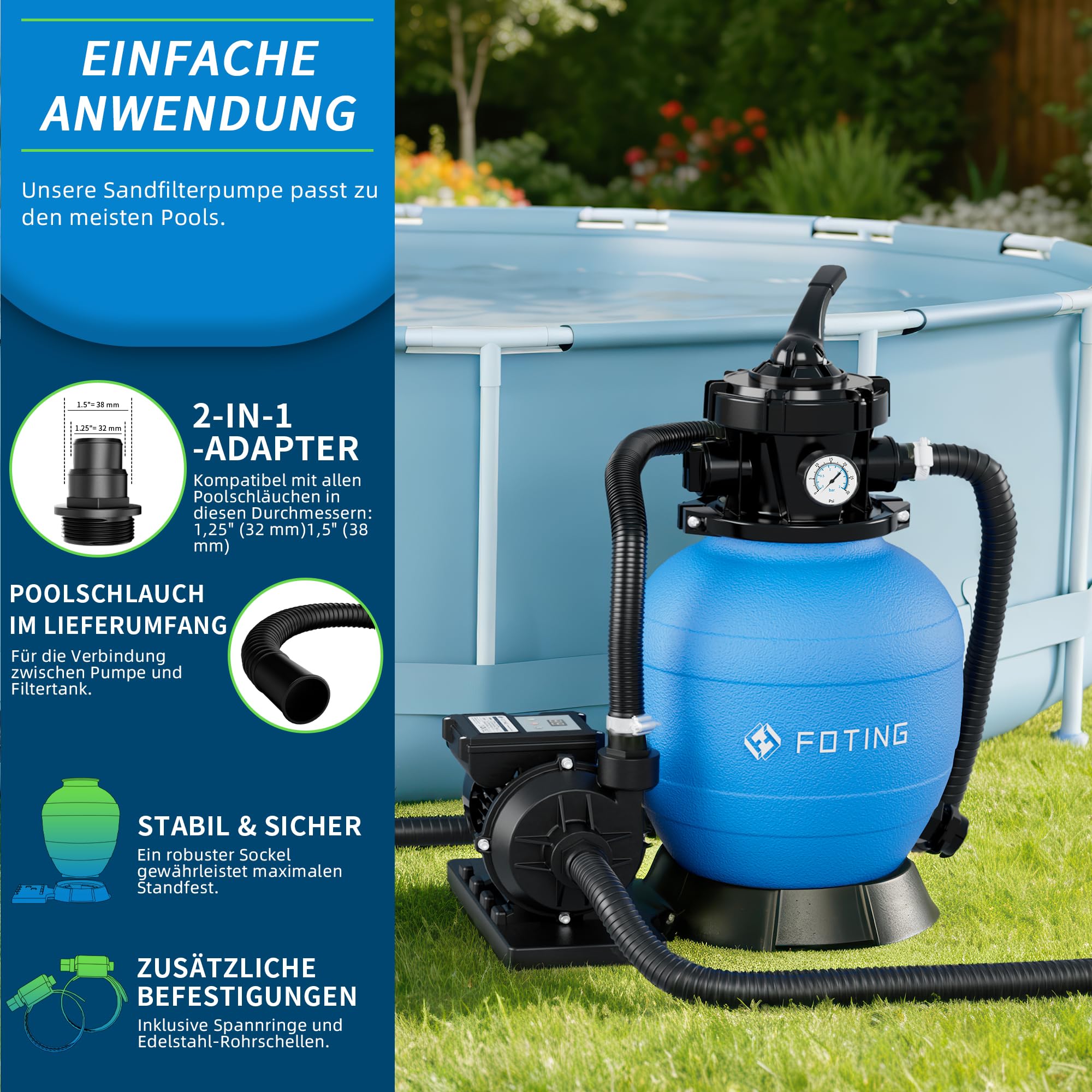 FOTING Système de Filtre à Sable pour Piscine 11 500 L/h Programmateur 24 H Vanne 7 Voies Manomètre