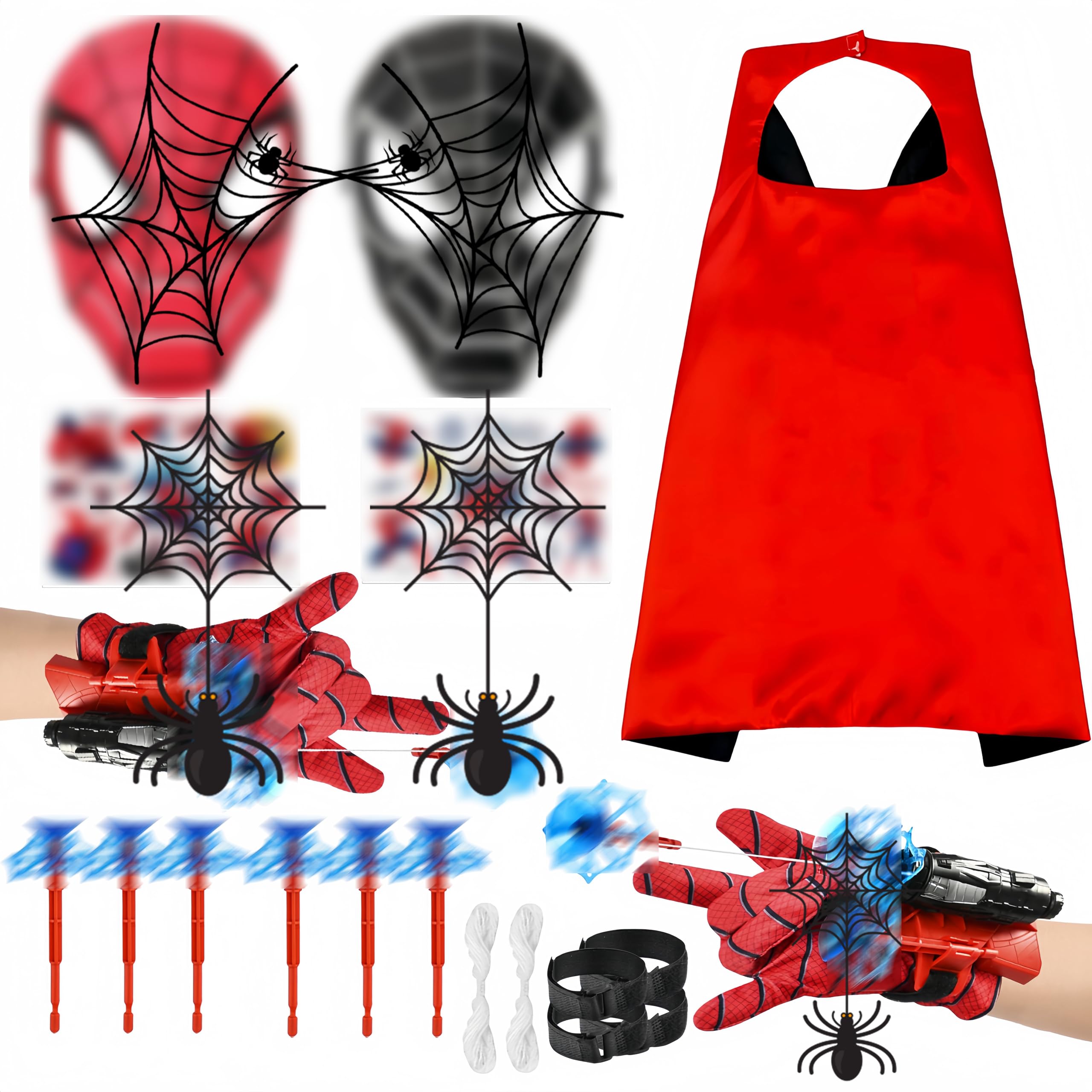 WYFDCZZP Set di 2 Spara Ragnatele, con Guanti,Mantello del Ragno,Maschera Tatuaggi, Giocattolo Giochi per 3 Anni e Oltre Bambini per Partecipare al Gioco di Ruolo(C)