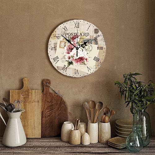Miniatura 3 de Reloj de pared de 15 pulgadas, estilo retro, flores de rosas, plantas y letras antiguas, reloj clásico de madera de pared, sin tictac, funciona con