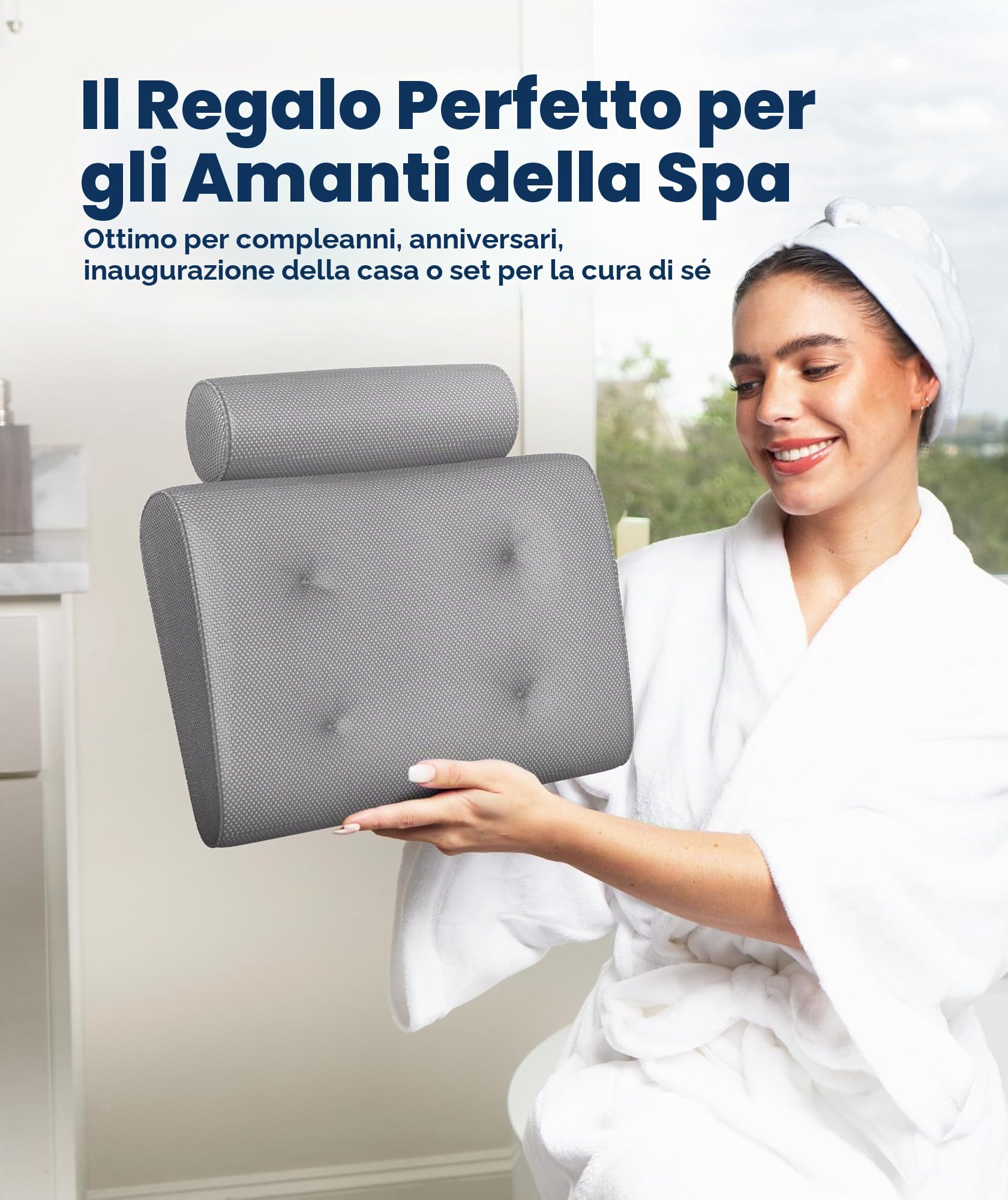Everlasting Comfort Cuscino vasca da bagno di lusso per testa, collo e schiena – Cuscino antiscivolo con ventose, mesh ad asciugatura rapida e gancio (Grigio)