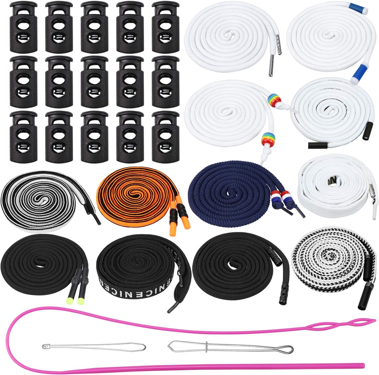 SelfTek 12Pcs Replacement Drawstrings Cord with 3Pcs Drawstring Threader and 15Pcs Plastic Cord Locks End Universal Drawstrings for Hoodies, Sweatpants, Scrubs Jackets, Shorts, Pants