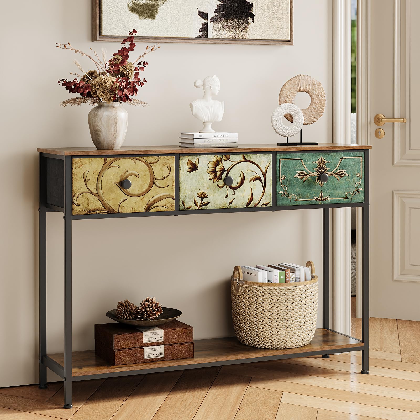 VEDECASA Konsolentisch Beistelltisch mit 3 Stoffschubladen Flurtisch mit Offenen Ablagefächern Eingangtisch Sofatisch für Flur Wohnzimmer Schlafzimmer Holz Metallrahmen einfache Montage Vintage Braun