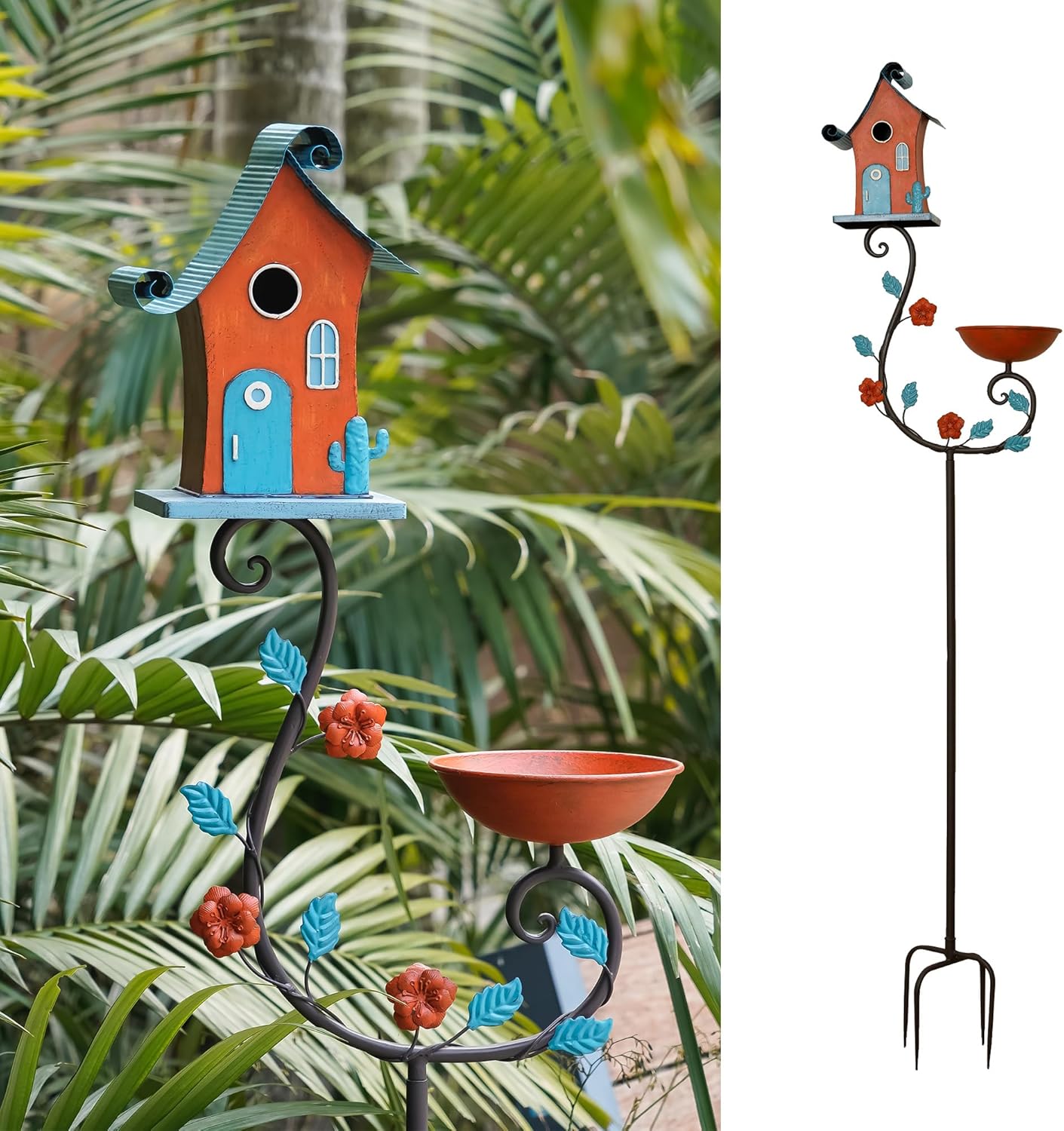 71" Tall Iron Fairy Tale Birdhouse with Bathing Platform, 1.2" Squirrel Guard Entry & Ground Spikes, Whimsical Garden Centerpiece Decoration