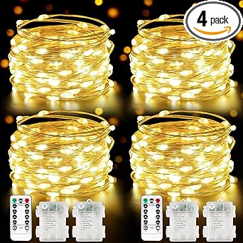 4 Pack 100 LED Fairy Lights Battery Operated with Remote, 33FT Waterproof Twinkle Lights with Timer & 8 Modes, Fairy String Light Outdoor Indoor for Bedroom Classroom DIY Christmas Decor (Warm Whi...
