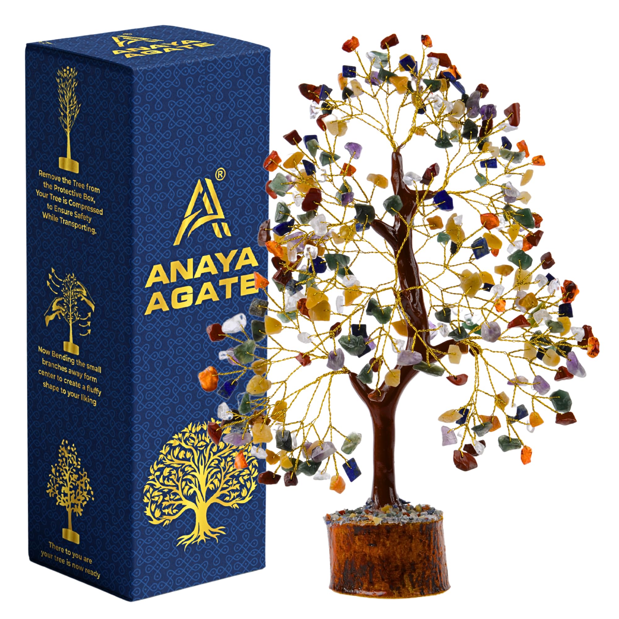 ANAYA AGATE 7 Chakra Healing Crystal Tree of Life, Handmade Golden Wire Crystal Tree for Good Luck, Positive Energy, Wealth, Reiki Healing, and Decor, for Women and Mom