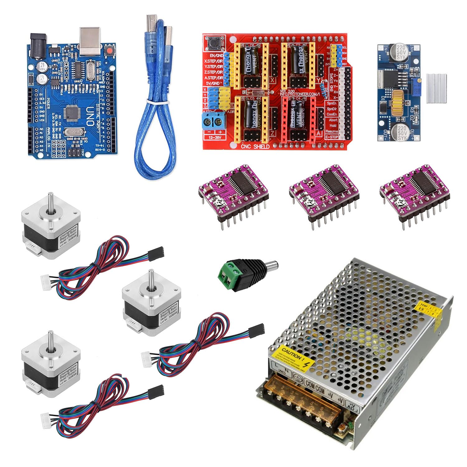 Electrobot Complete 3-Axis CNC Kit with UNO, CNC Shield, NEMA 17 Stepper Motors, DRV8825 Drivers, and XL4015 Buck Converter - Ideal for CNC Machines, 3D Printers, and Robotics