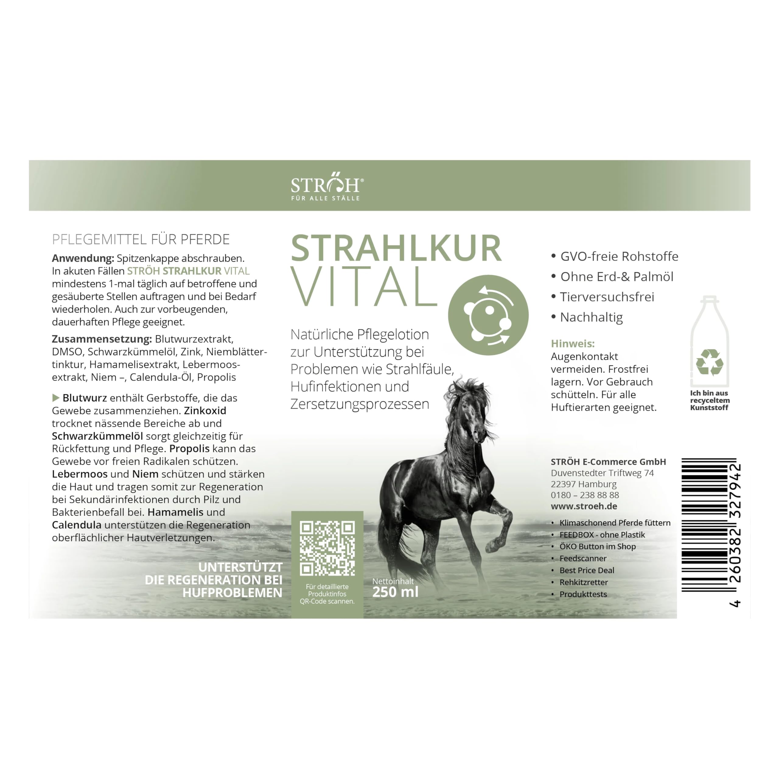 STRÖH Strahlkur Vital Pferd (250ml) • Pflegelotion für Pferde bei Strahlfäule, Hufpilz & Hufinfektion • Natürliche Hufpflege für Pferde mit Zink, Blutwurz, Propolis & mehr