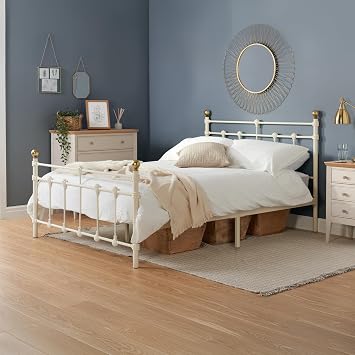 Atlas Metal Bed Frame – Cream/Black Finish with Brass Finials, Sprung Slats – 3ft Single, 4ft Small Double, 4ft6 Double, (CREAM, Double 4FT6)