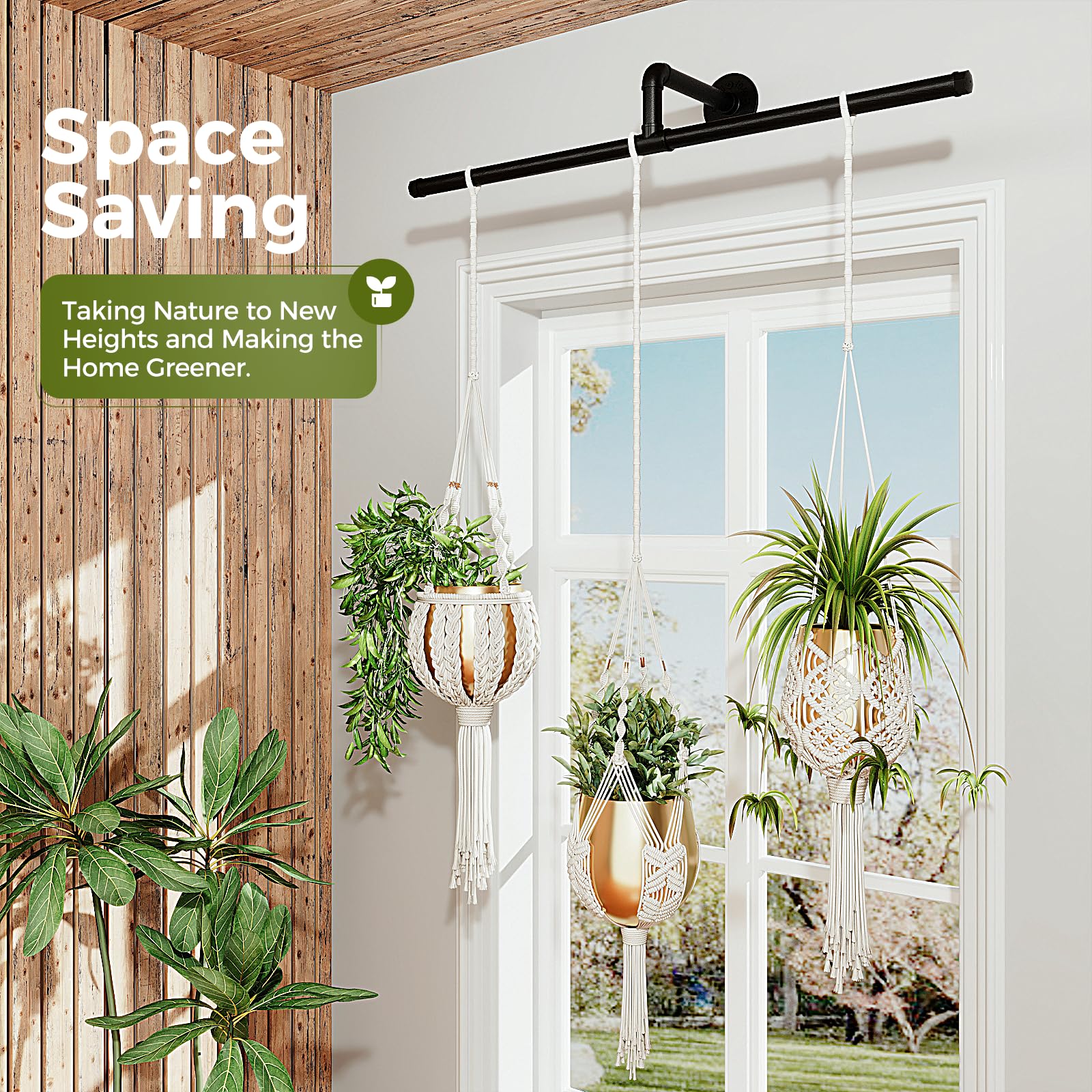 Bamworld Hängepflanzen Halter - Schwarze Metallstange Für Decke & Fenster