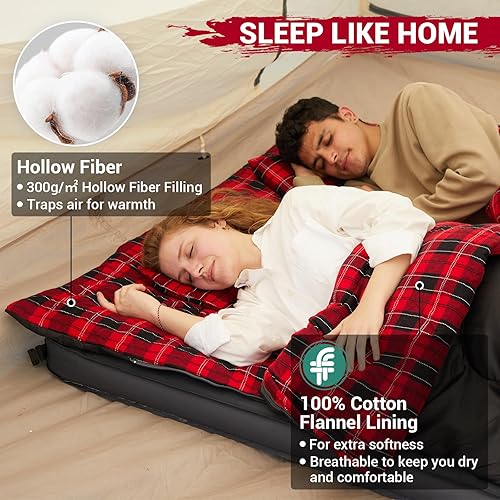 Miniatura 3 de KingCamp Saco de dormir doble para adultos, tamaño Queen para 2 personas, XXL, saco de dormir de franela, impermeable, ligero, con 2 almohadas,