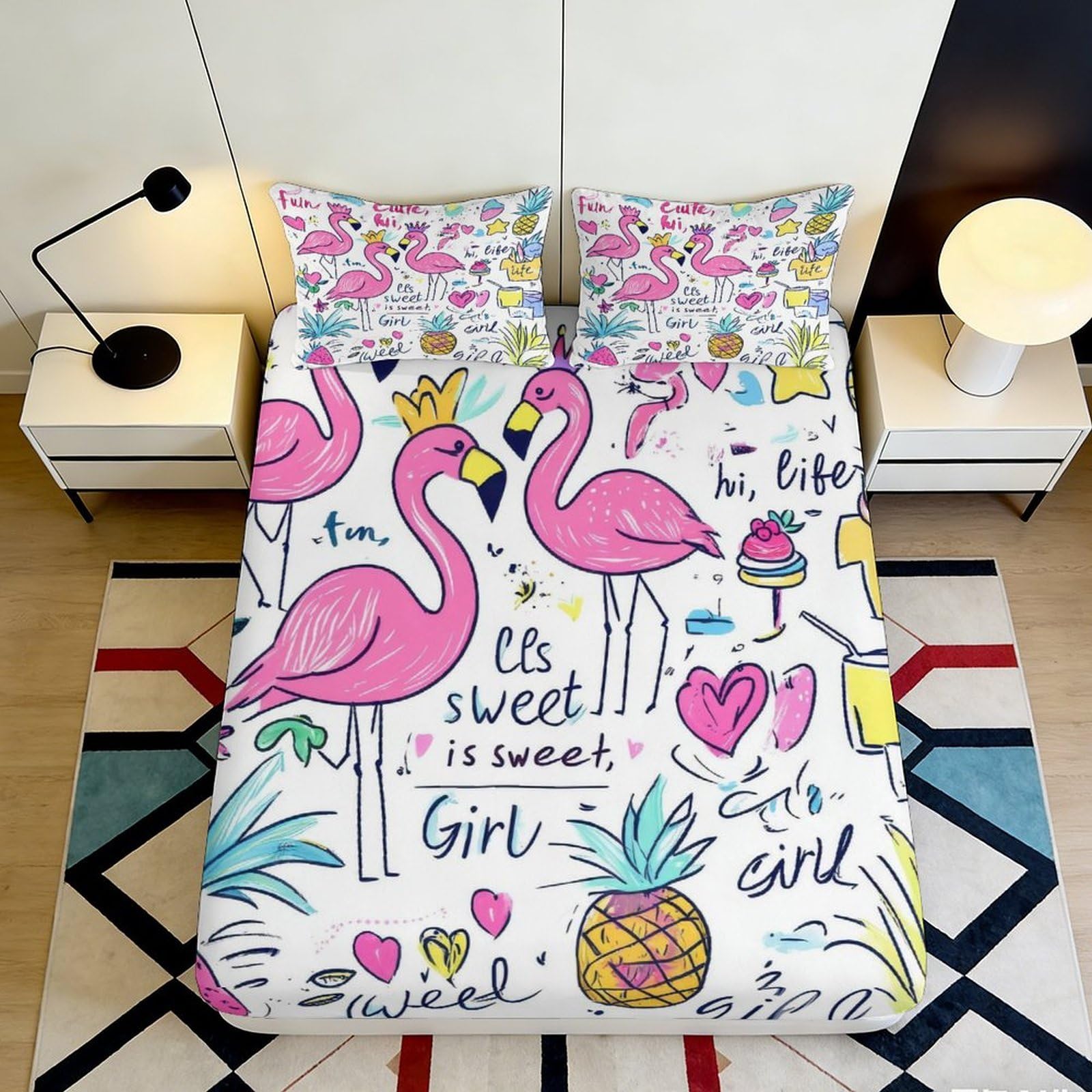 3D Printed Flamingo Pattern Fitted Sheet Microfiber Soft Durable Tropical Pineapple Bed Cover for Bedroom Dormitory Guest Room Mattress Protection 180x200x25cm