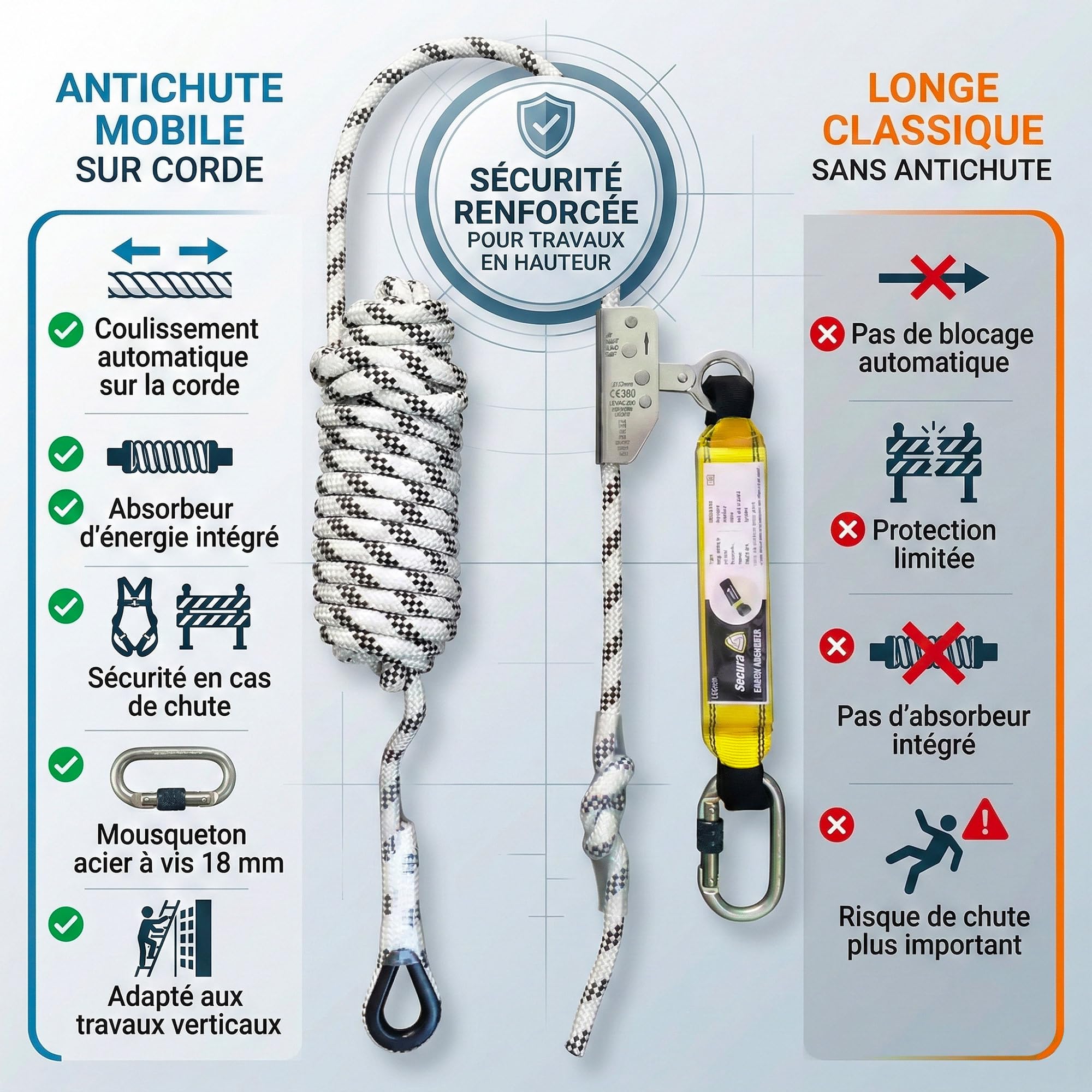 Antichute mobile sur corde Levac D12mm L10m avec absorbeur