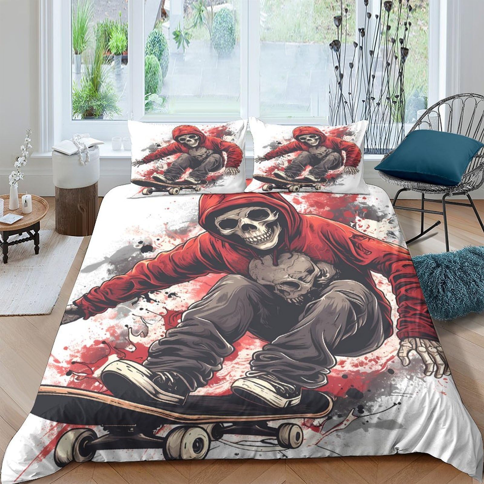 GPLZQXKJNH 3D Printed Skeleton Skateboard Duvet Cover Microfiber Soft Breathable Graffiti Bedding Set with 2 Pillowcases for Bedroom Decor, Single（135x200cm）