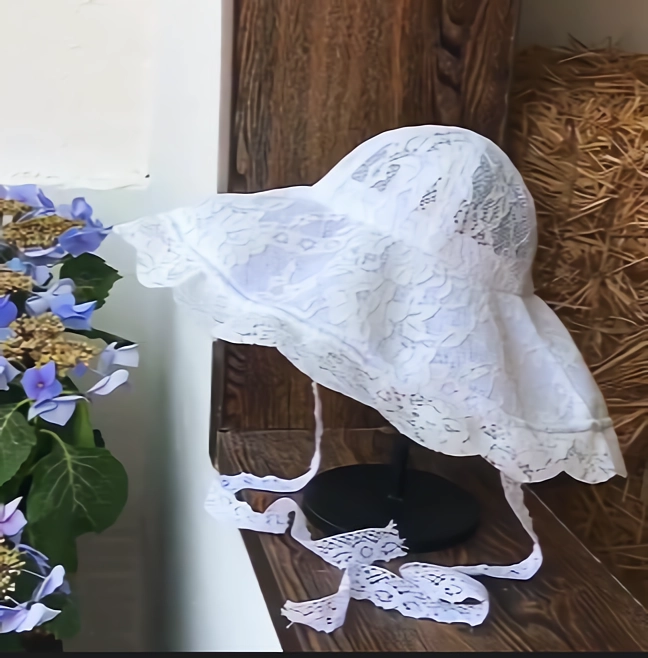 Women Sun Hat Wide Brim Lace Sunscreen Hat with Ribbon Folding