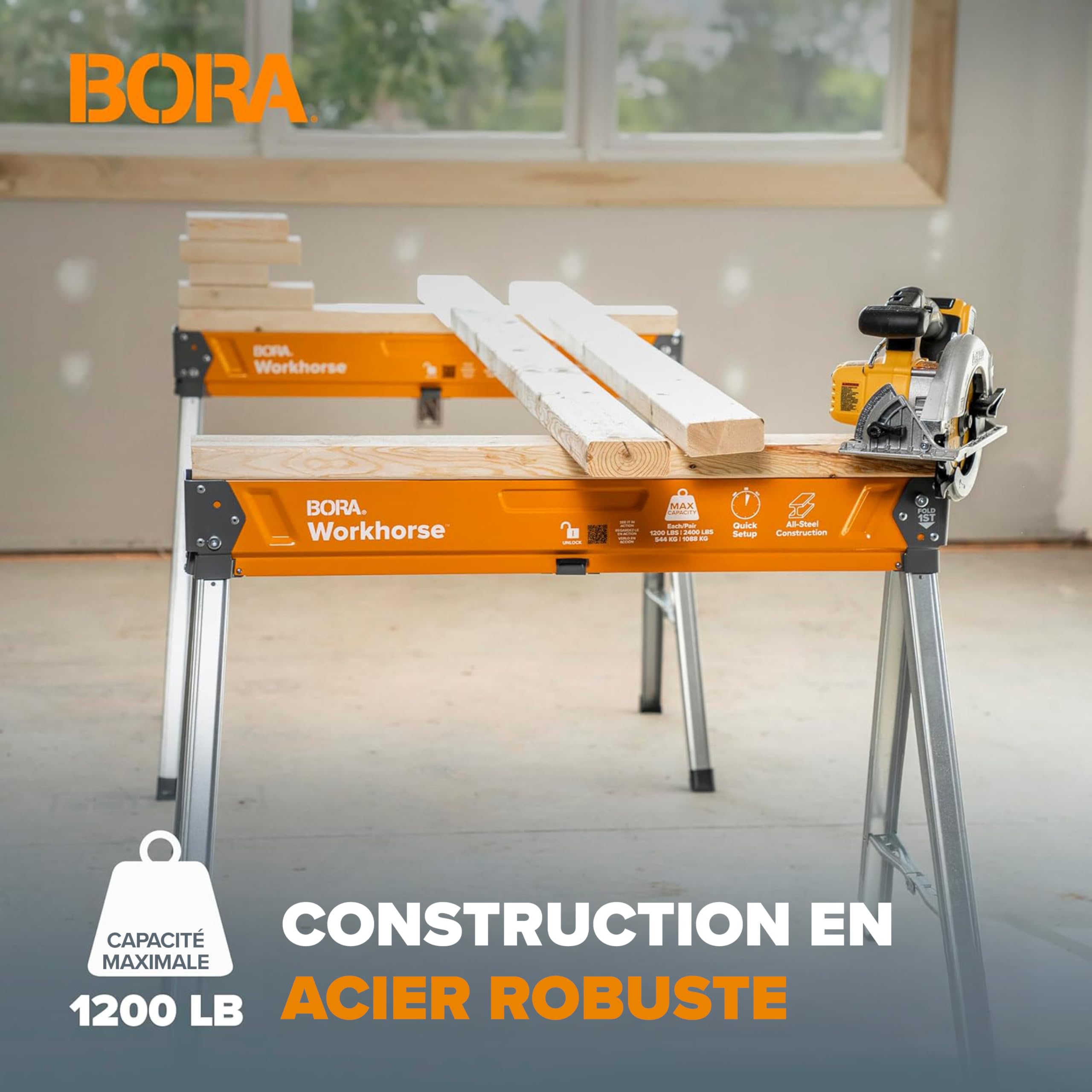 BORA Workhorse PM-3330T Lot de 2 chevalets de sciage pliables et robustes avec pieds réglables pour entrepreneurs et établi portable Orange