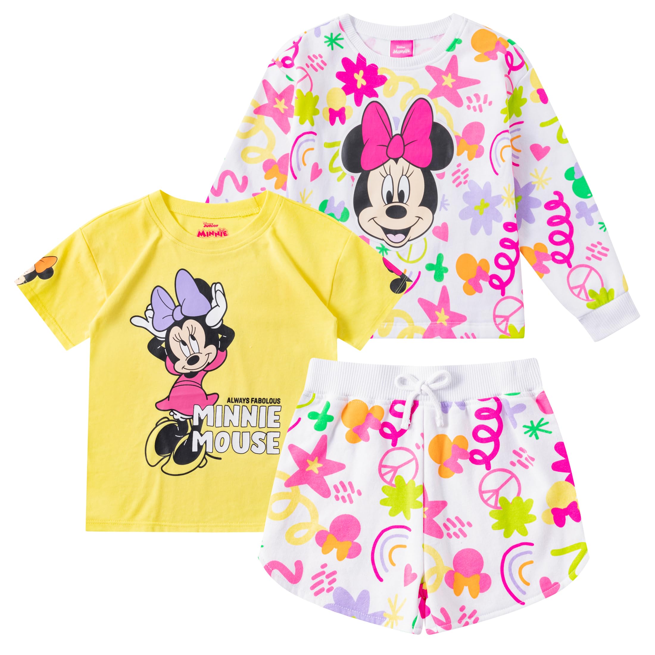 Disney Minnie Mouse - Conjunto de sudadera de 3 piezas, camiseta y pantalones cortos para niñas pequeñas y grandes