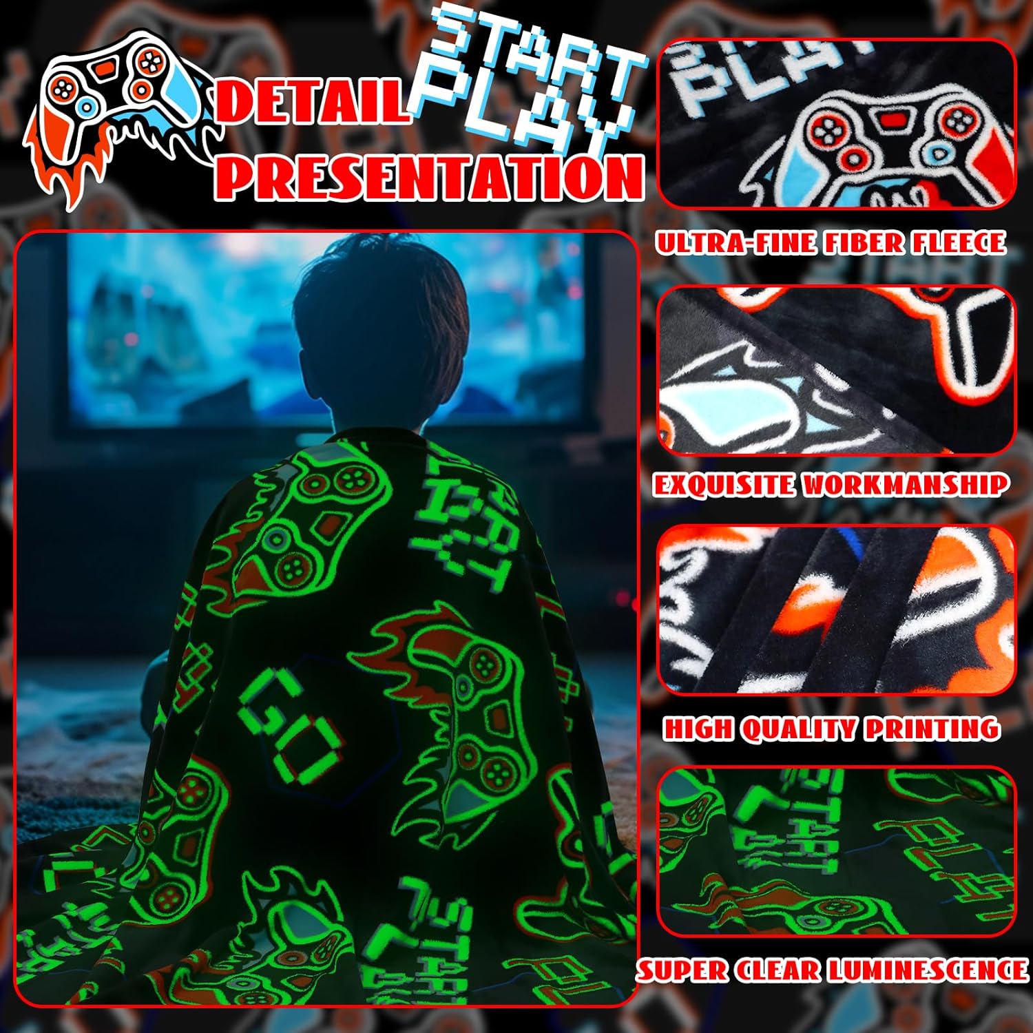 ORDM Glow in The Dark Blanket Boys Gaming Controller Throw Blanket Game Controller Gifts for Boys Toys Age 1-15 Years Old Unique Birthday Gifts Room Decor Luminous Blanket - Image 3