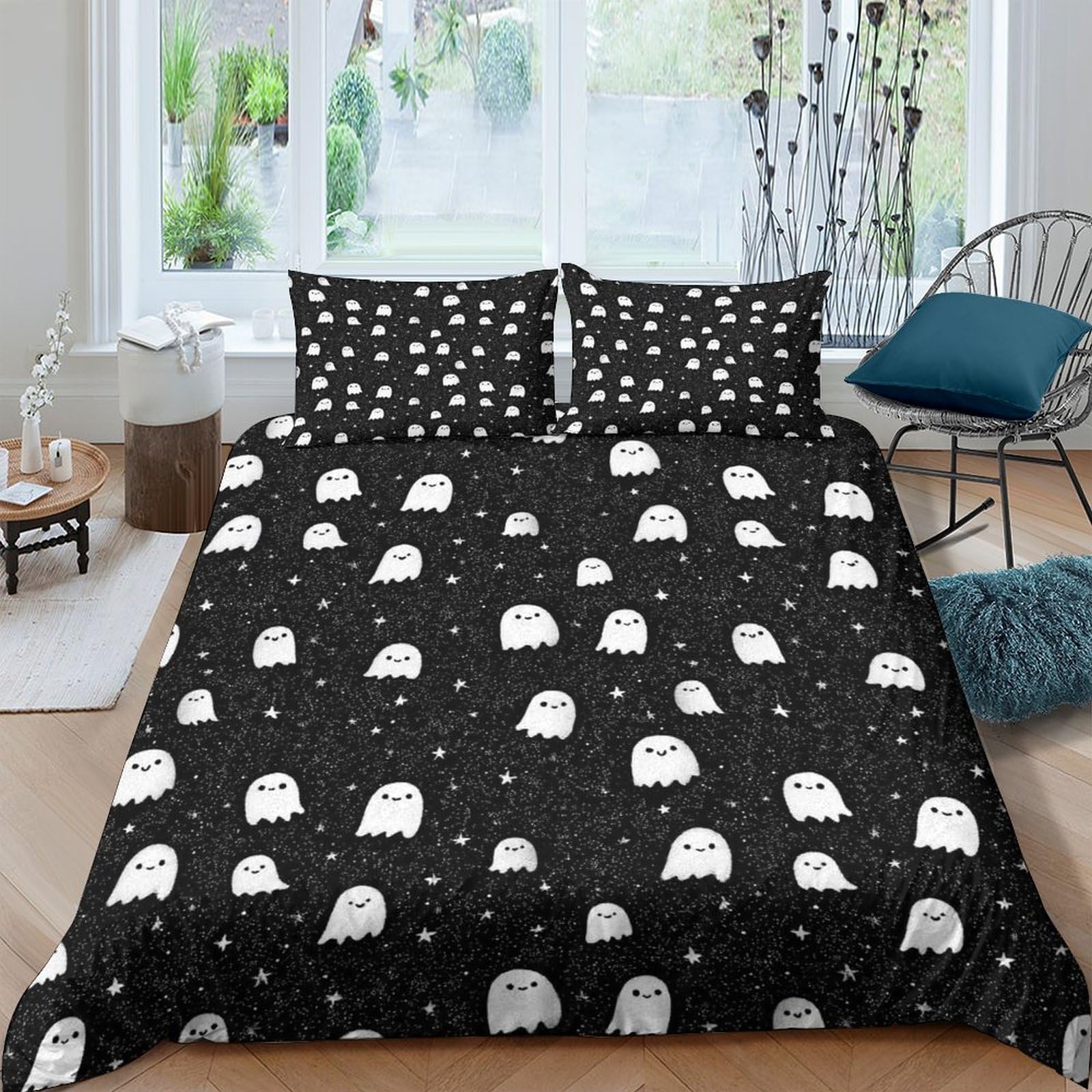 TUFRTGYHN 3D Printed Ghost Pattern Duvet Cover Microfiber Soft Halloween Night Bedding Set with 2 Pillowcases for Bedroom Decor Single（135x200cm）