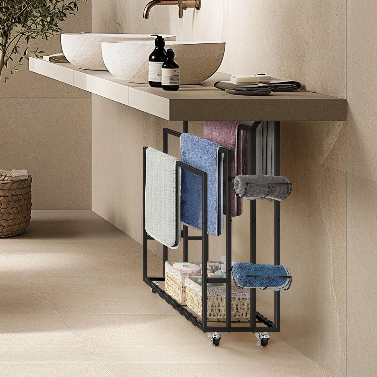 smusei Toallero independiente de 4 niveles, toallero con ruedas, estantes y 6 ganchos de metal para baño, piscina, color negro