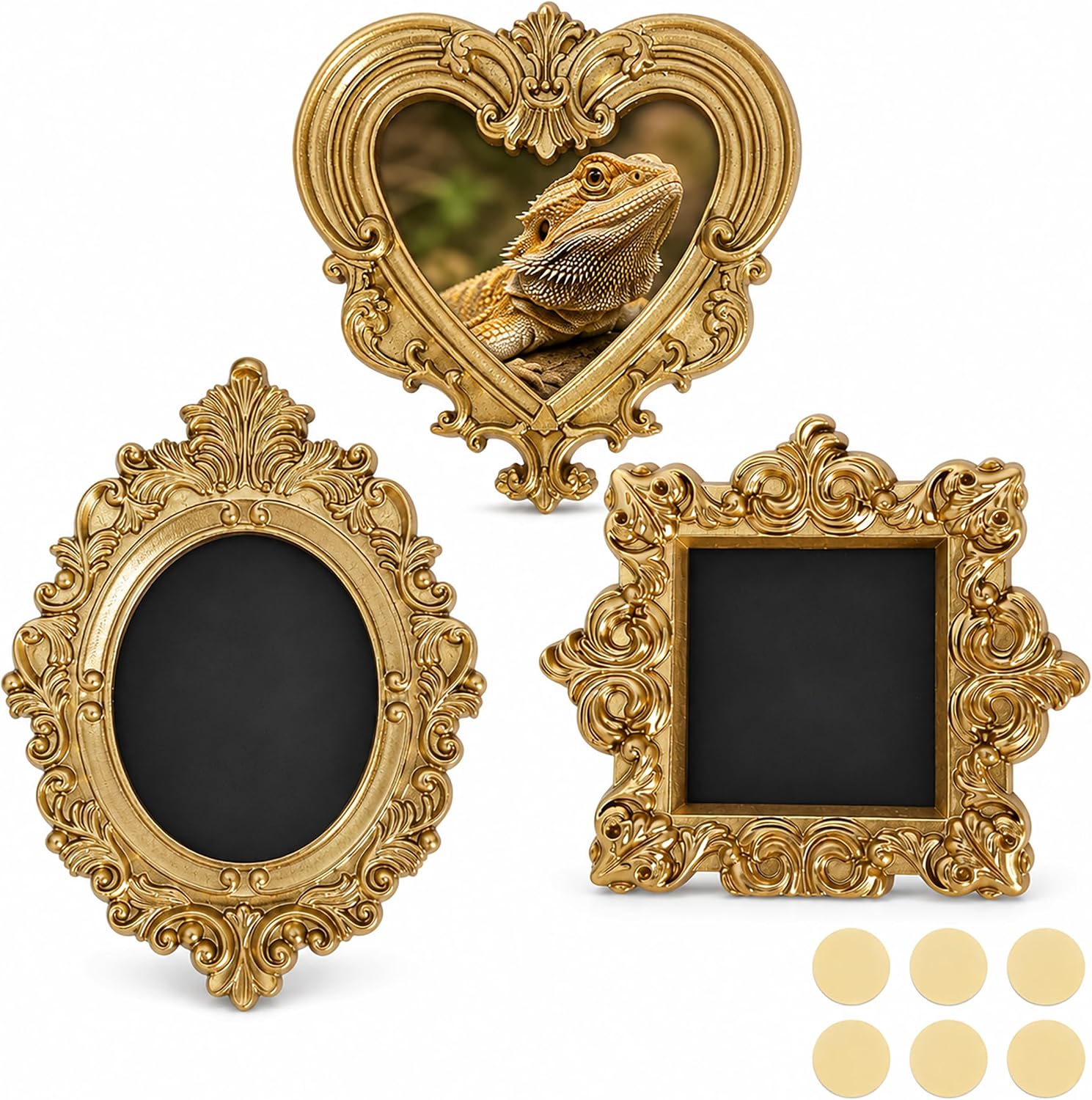 Reptile Tank Decor Set, 3 PCS Vintage Mini Photo Frames with 6 Adhesive Dots, DIY Personalized Lizard Terrarium Decoration, Pet Photo Display Gift for Bearded Dragon Gecko