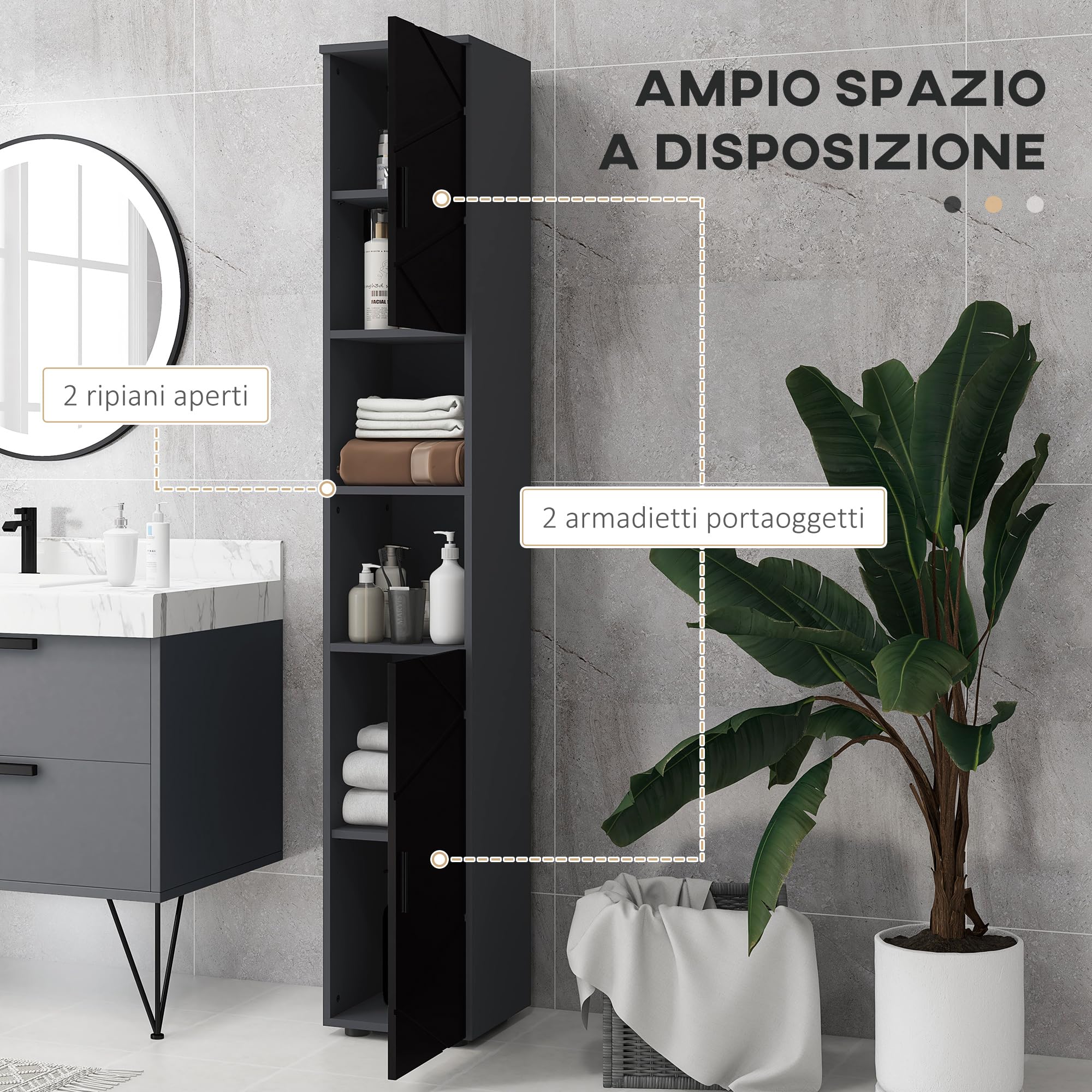 kleankin Colonna Bagno in Truciolato con 2 Ripiani Aperti e 2 Armadietti a 2 Livelli Regolabili, 30x30x183 cm, Nero e Grigio Scuro