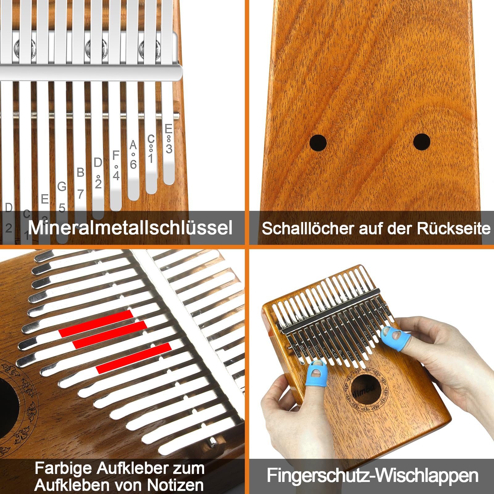 Kalimba 17 Schlüssel, Kalimba Instrument Finger Daumenklavier Kalimba Thumb Piano Marimba Instrumente mit Schutzhülle, Lernanleitung, Stimmhammer für Kinder Musikliebhaber Anfänger