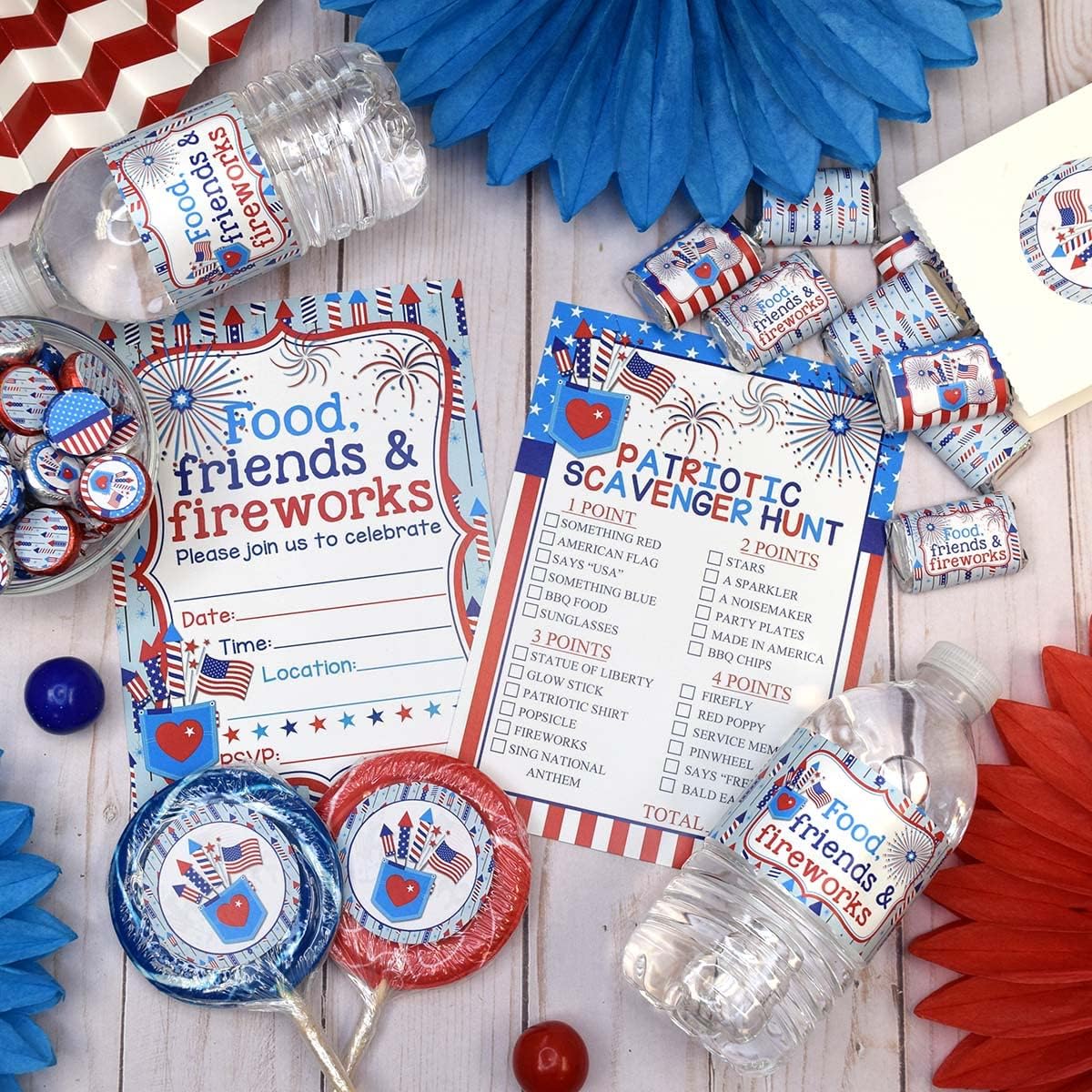 Food, Friends & Fireworks Party Bundle Includes 20 Invitations With Envelopes, 20 Double Sided Game Cards, Two Different Sizes of Stickers, Mini Candy Bar Wrappers & Water Bottle Labels!