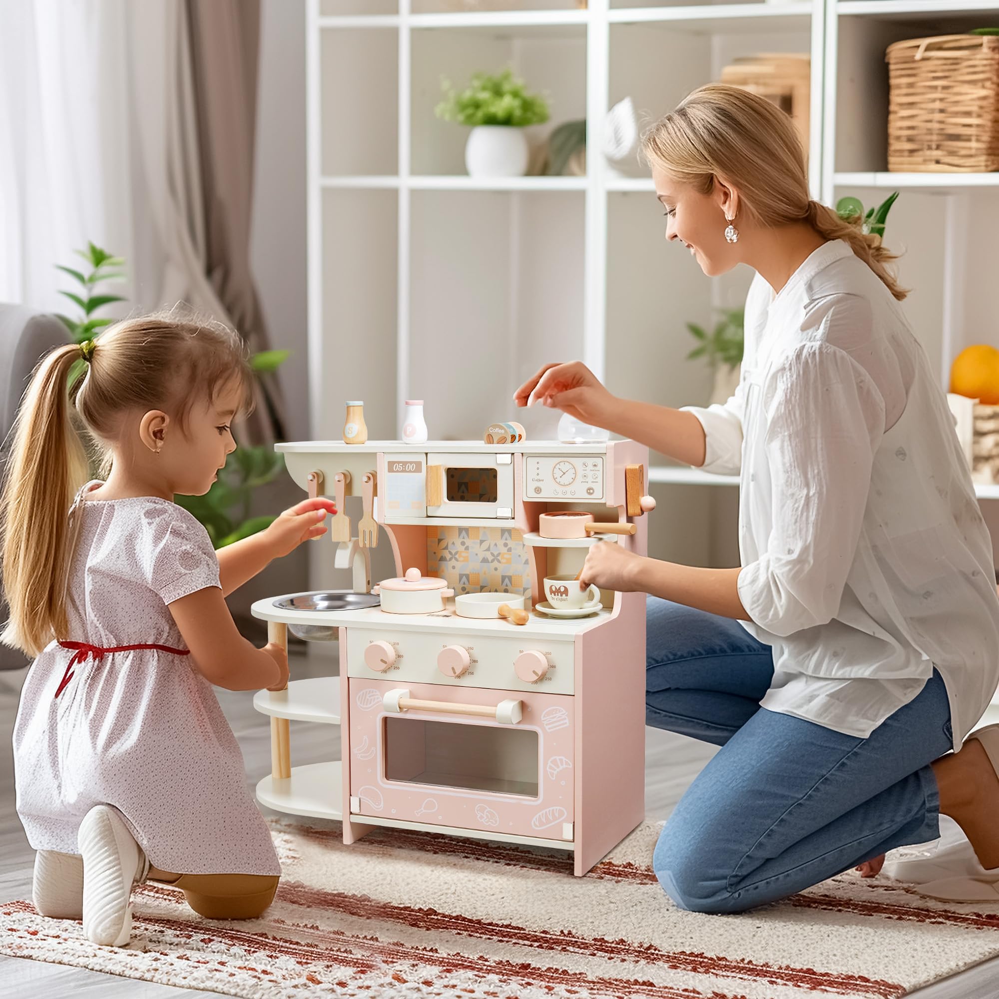 Cocina de juego para niños pequeños, juguetes de madera para niños con cafetera, accesorios de cocina, regalo para niñas y niños de 3, 4, 5, 6 años