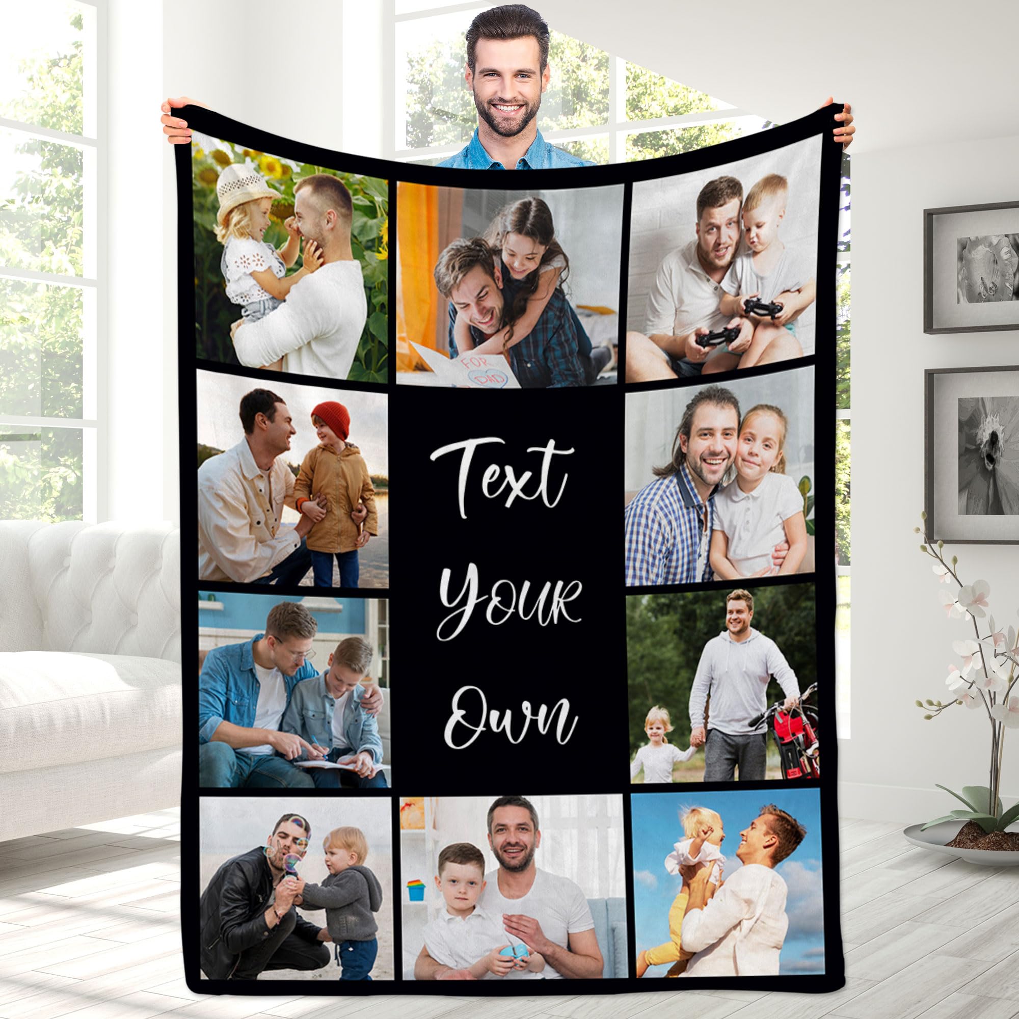 Magimagine Custom Photo Blanket - Personalized With Your Own 10 Pictures and Text for Family, Dad, Mom