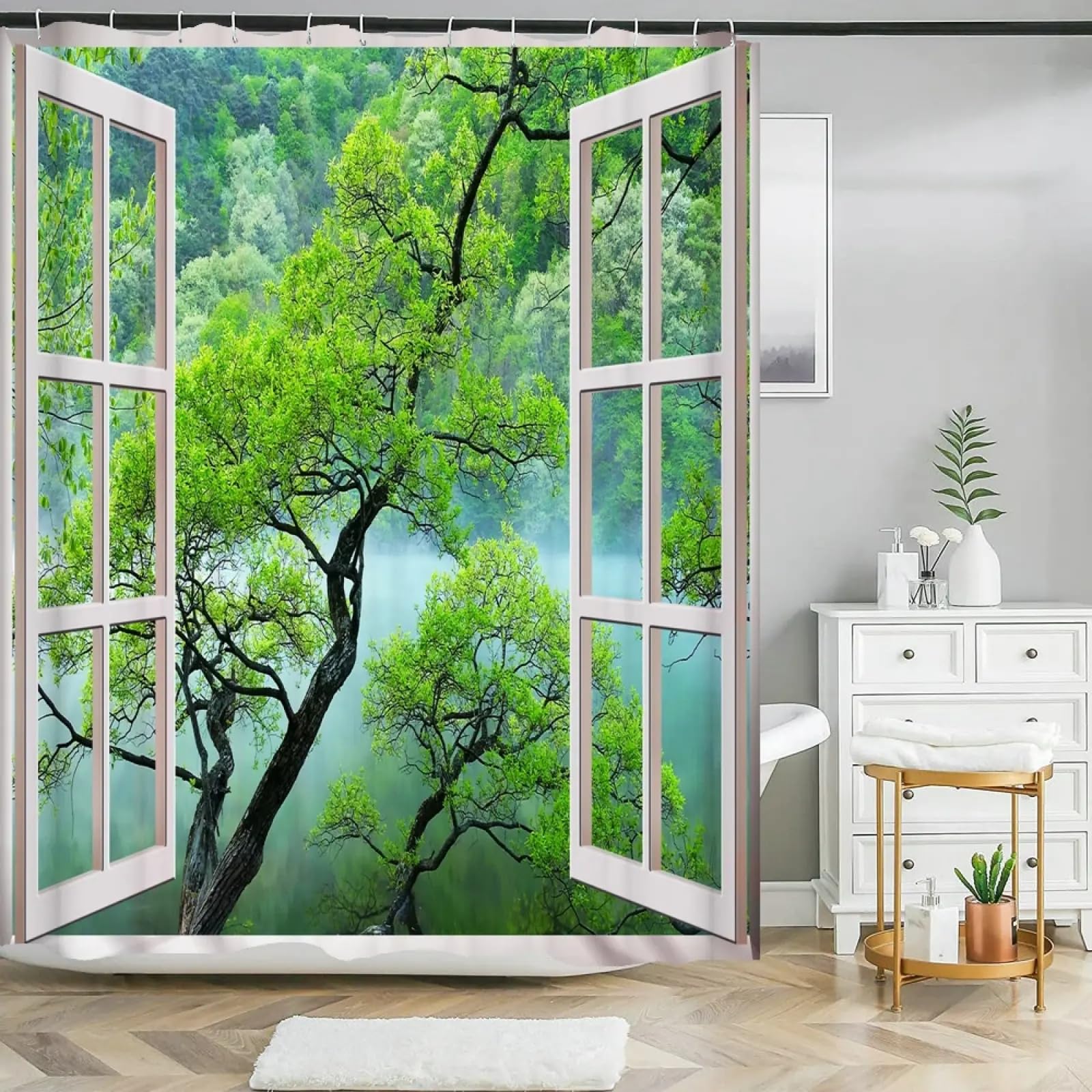 3D-Duschvorhang mit Waldlandschaft und Windows-Sinn, Heimdekoration, Vorhänge mit Haken, wasserdichter Vorhang, BxL: 94"x79"/240x200cm