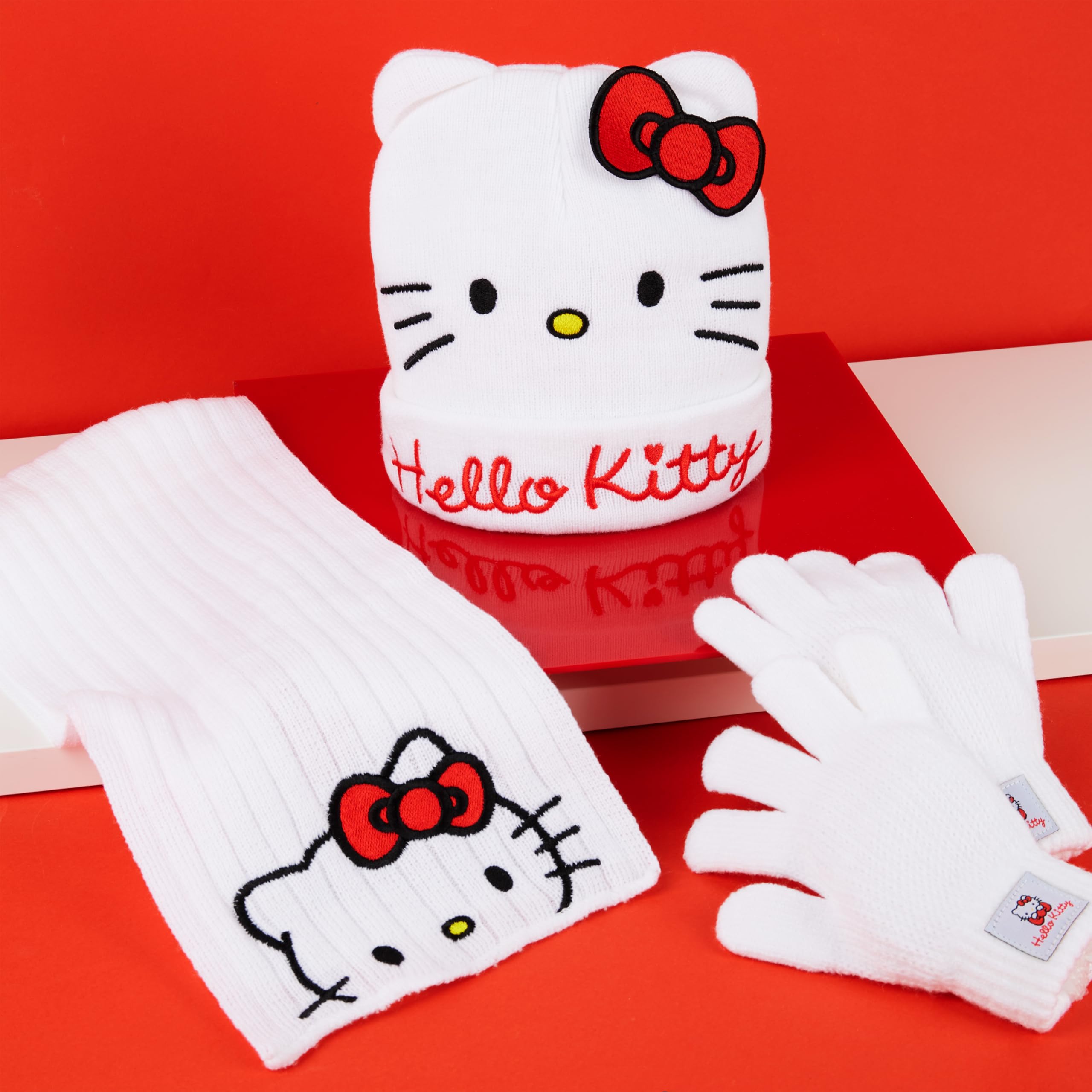 Hello Kitty Zimowy zestaw akcesoriów dla dziewcząt, nastolatków, przytulny 3-częściowy zestaw szalików i rękawiczek – prezenty dla dziewcząt, biały/różowy, Rozmiar uniwersalny