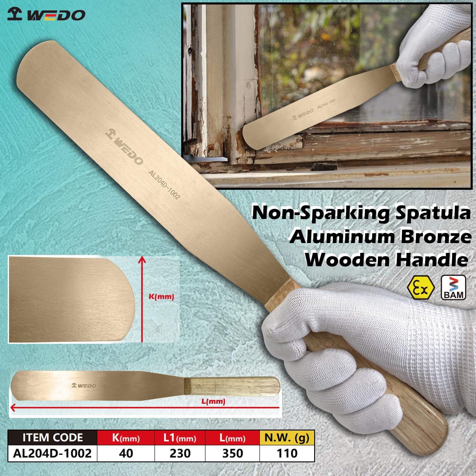WEDO Espátula,Espátula de pintor con hoja recta y mango de madera de 40mm,Espátula no brillante,bronce de aluminio,DIN,BAM FM,350mm de longitud,herramienta de seguridad sin chispas