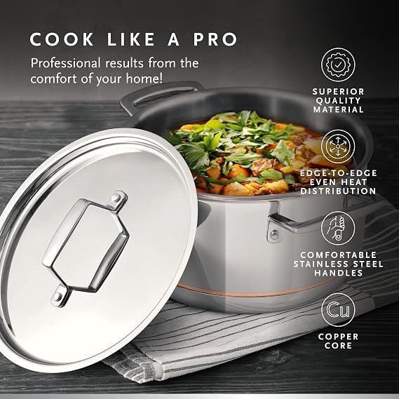 MasterPro - Casserole with Lid, 4.7L - Argent 5 Induction Stainless Steel Pot, Professional Quality, Five-Ply Multilayer with Copper Core for Improved Heat Retention & Distribution - Ovenproof