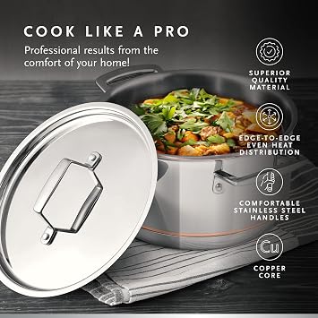 MasterPro - Casserole with Lid, 4.7L - Argent 5 Induction Stainless Steel Pot, Professional Quality, Five-Ply Multilayer with Copper Core for Improved Heat Retention & Distribution - Ovenproof