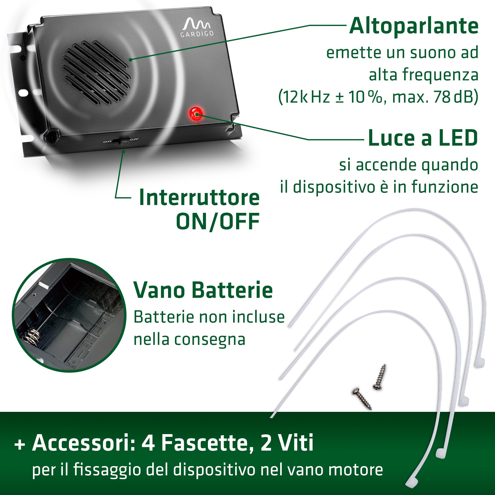 Gardigo® Dissuasore per Martore a Ultrasuoni per Auto - Set da 2 | Dispositivo Anti Roditori a Batteria | Repellente Topi Auto | Protezione Anti Martora per Vano Motore, Soffitta, Casa, Garage