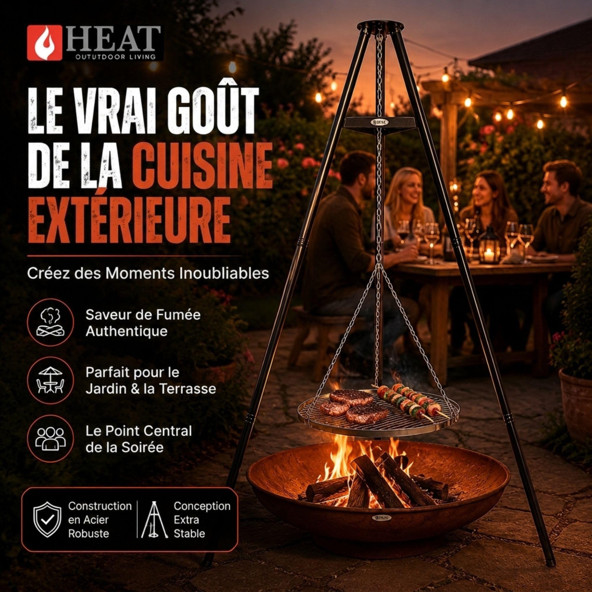 HEAT Trépied Barbecue Suspendu - Barbecue Pivotant avec Grille Ø 65 cm