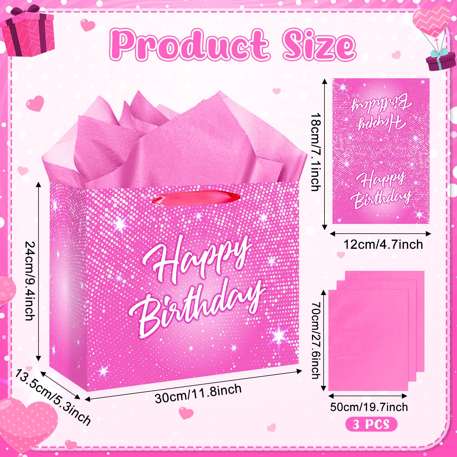 Shiny Pink Birthday Gift Bag for Lady Girls Large Hot Pink Happy Birthday Gift Bag with Tissue Paper and Card Disco Shining Stars Goodie Wrapping Bag for Women Bday Anniversary Party Supplies