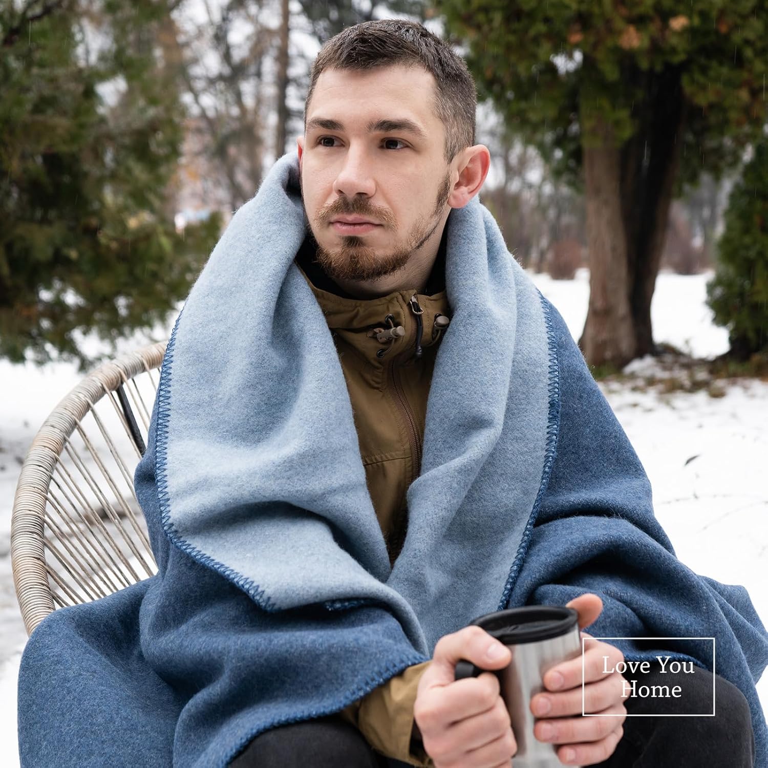 LYHome Merino Wool Blanket - Outdoor Camping and Hiking Throw, Extra Warm Army Military & Hunting Blankets for Cold Weather, Warmest Plaid Sheep Wool (59 x 84 in | Light Blue - Blue Double-Sided)