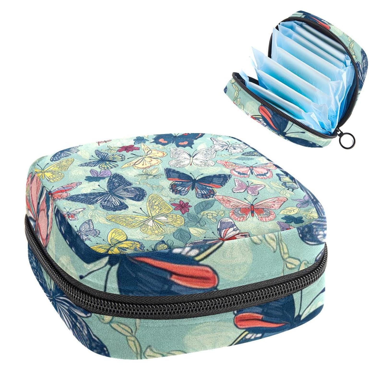 Portable Menstrual Pad Bags, Large Capacity Sanitary Napkin Storage Bag, First Period Kit for Girls Women, Zipper Nursing Pad Holder Colorful Butterflies Pattern