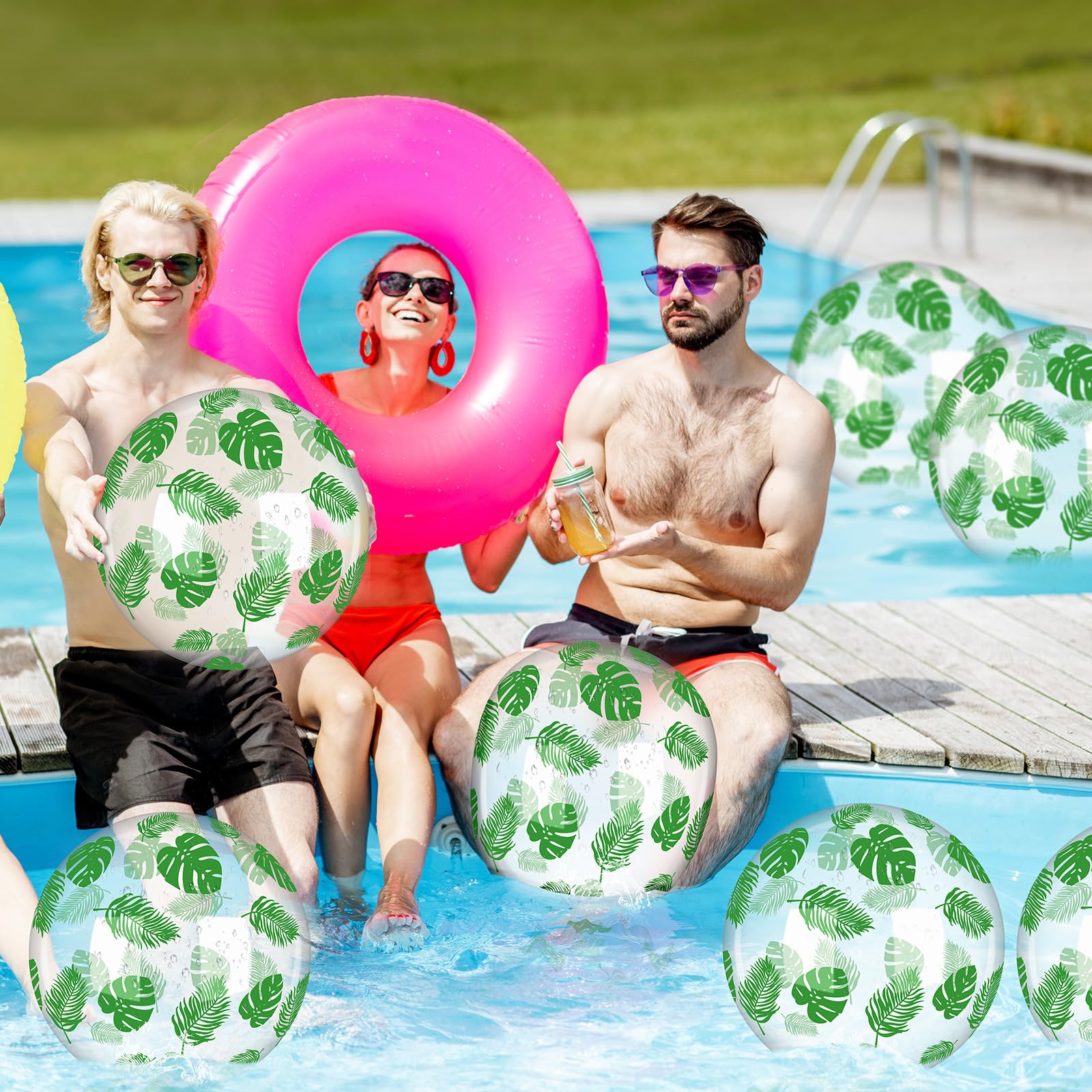 24 bolas de playa inflables tropicales de 12 pulgadas, bolas de hojas de palma transparentes, decoraciones de despedida de soltera, fiestas de Luau, decoraciones hawaianas para bodas, 3