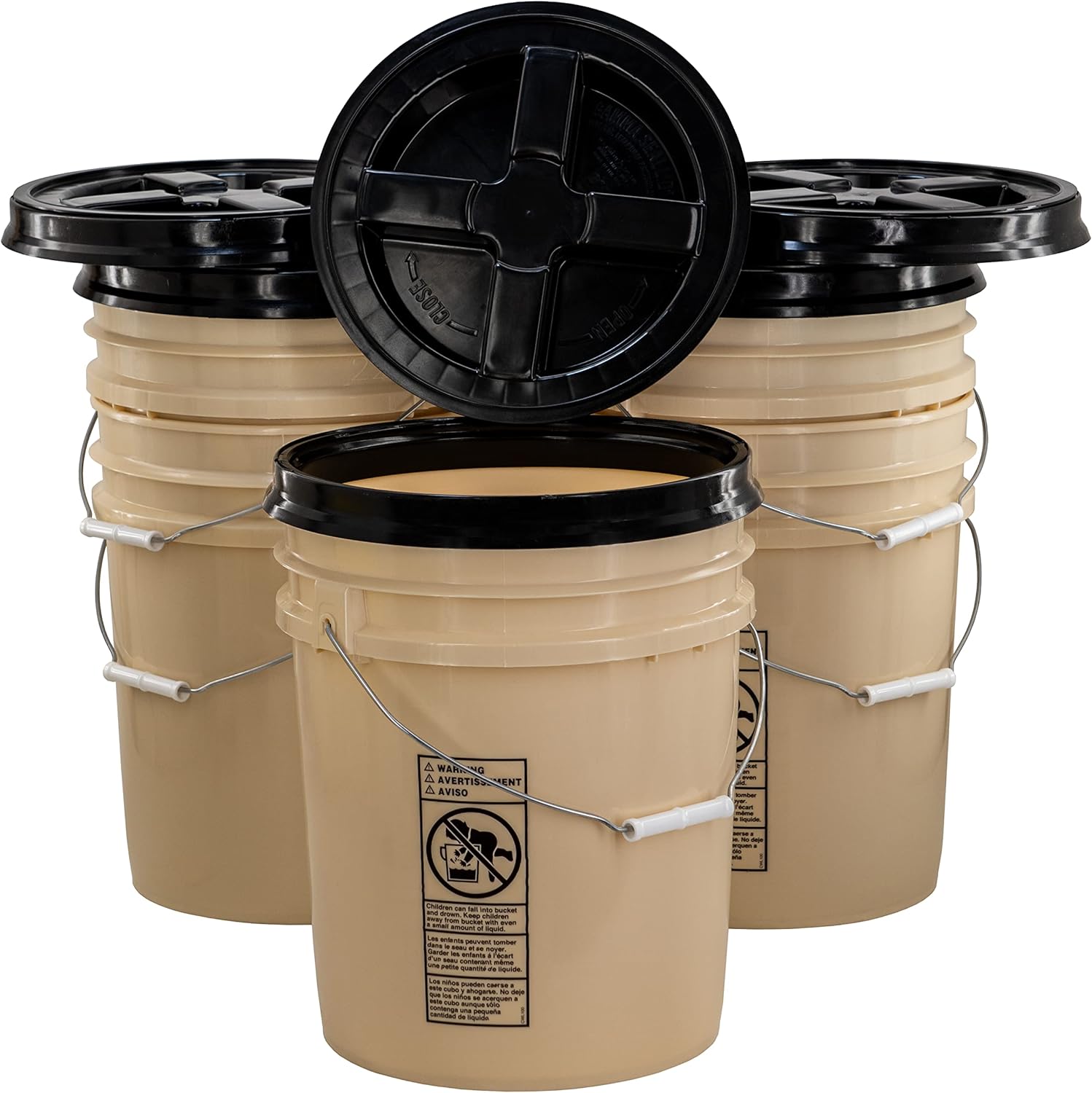 Bucket Kit, Five 90 mil Tan 5 Gallon Buckets with Black Gamma Seal Lids