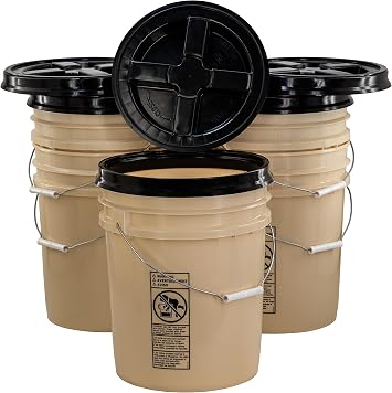 Poly Farm Bucket Kit, Five 90 mil Tan 5 Gallon Buckets with Black Gamma Seal Lids