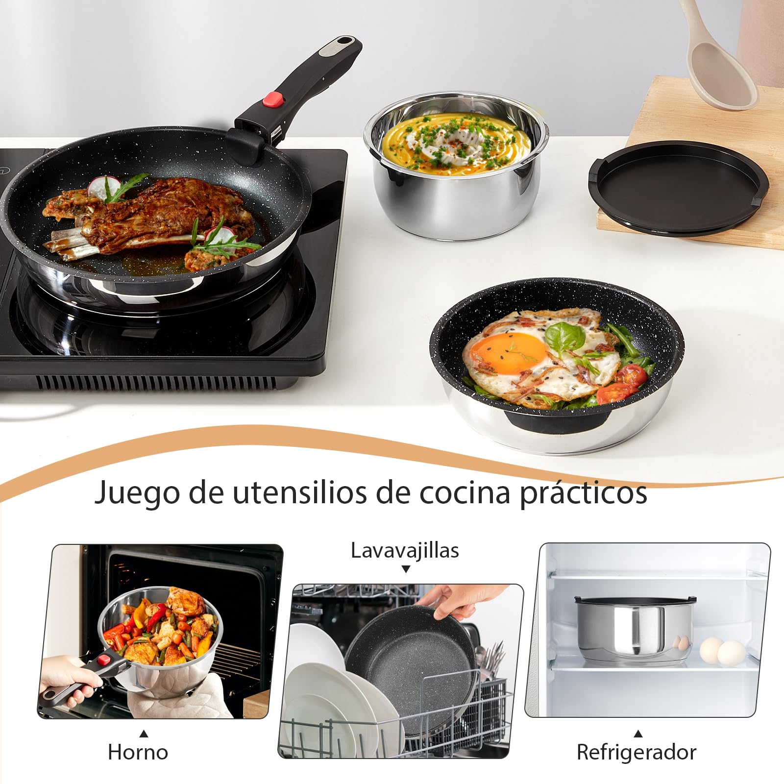 Juego de Ollas y Sartenes 7 Piezas, Ollas acero Inoxidable, sin PFAS | Mango Desmontable, Sartén sartenes antiadherentes 20/26 cm, 2×Cacerola 16/20 cm, Tapas, para Inducción y Todas las Cocinas